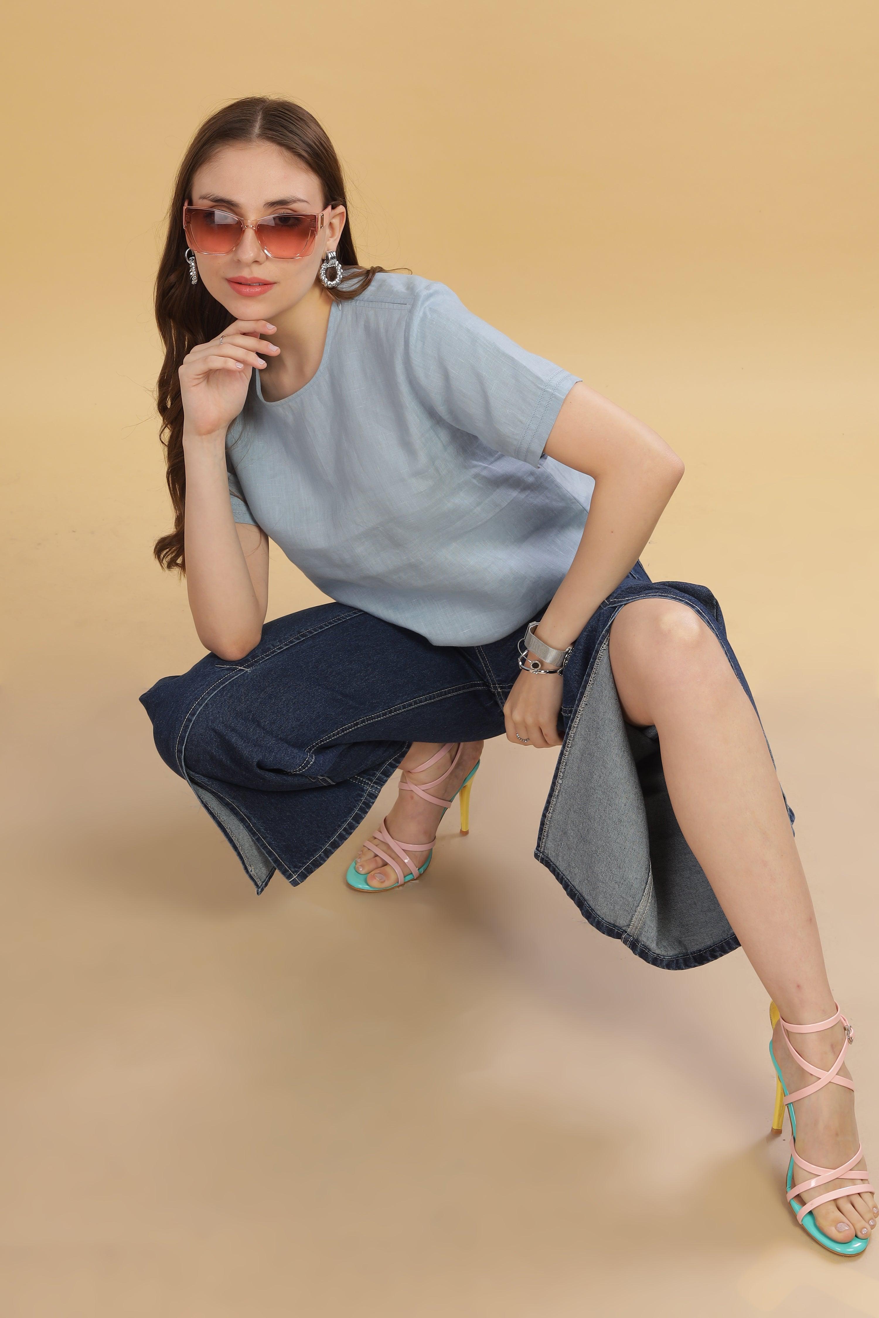 CLAIRE - 100% Pure Linen Light Blue Grey T-Shirt With Embroidered Stitch Details