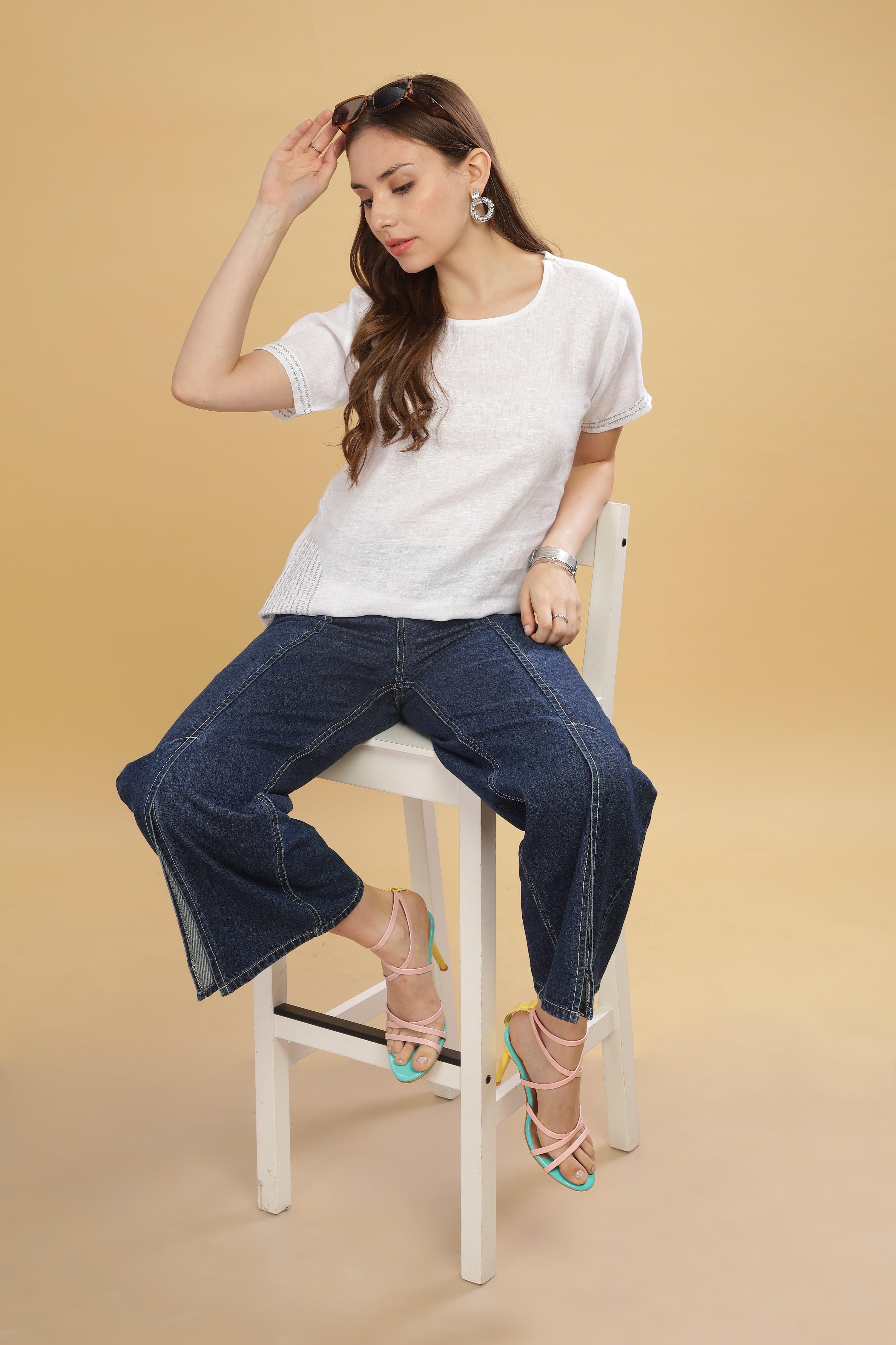CLAIRE - 100%  Pure Linen White T-Shirt With Embroidered Stitch Details