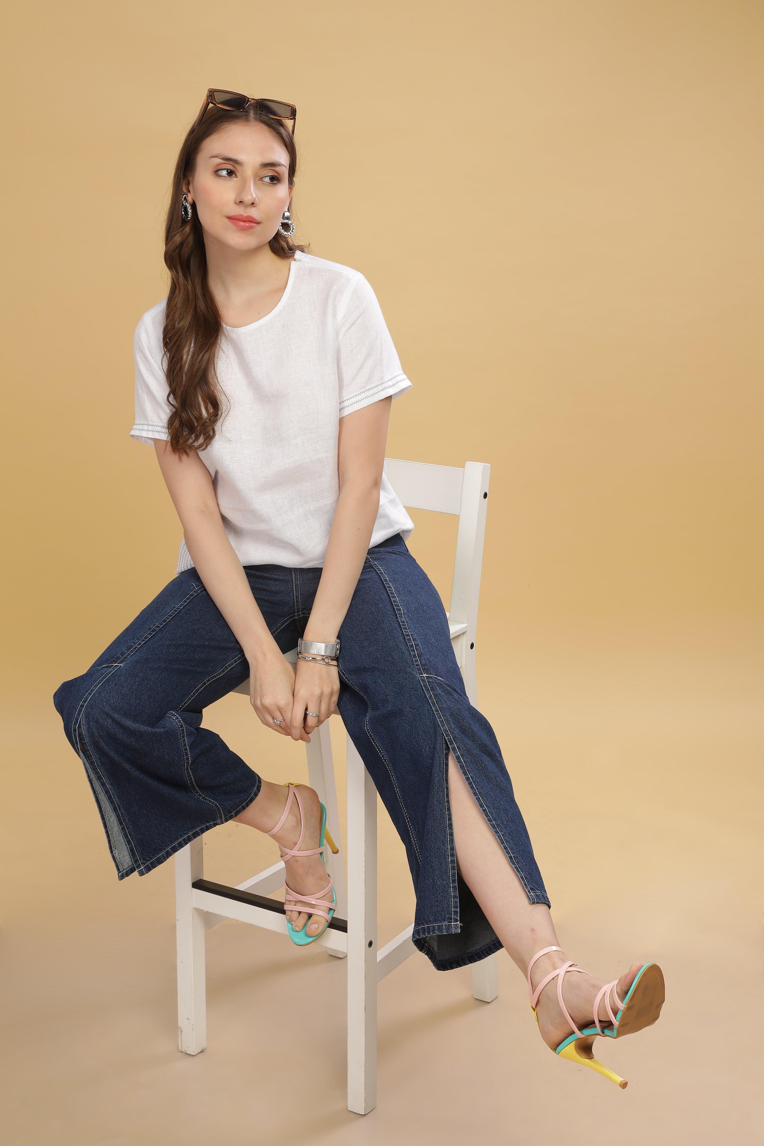 CLAIRE - 100% Pure Linen White T-Shirt With Embroidered Stitch Details