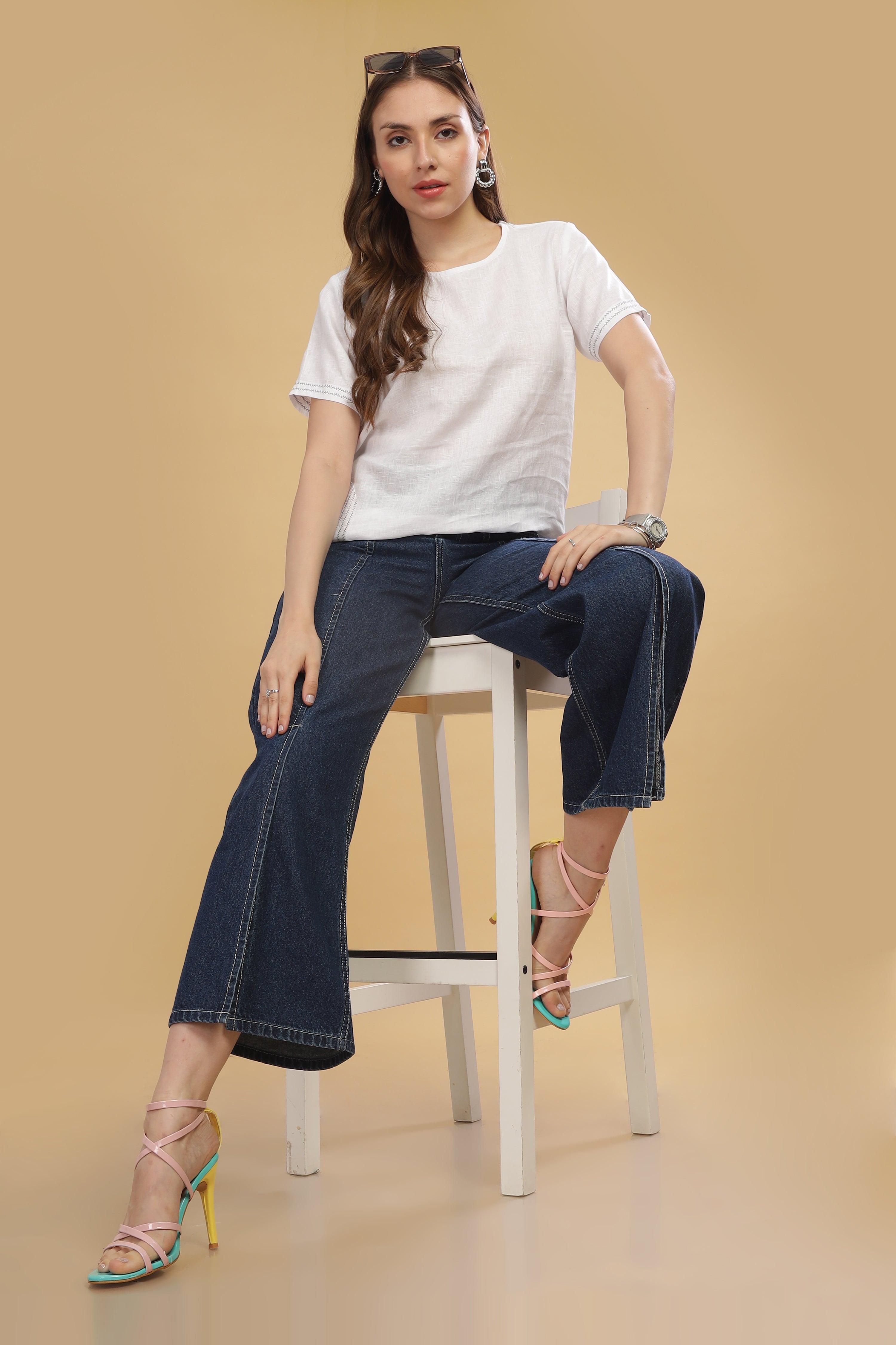 CLAIRE - 100% Pure Linen White T-Shirt With Embroidered Stitch Details