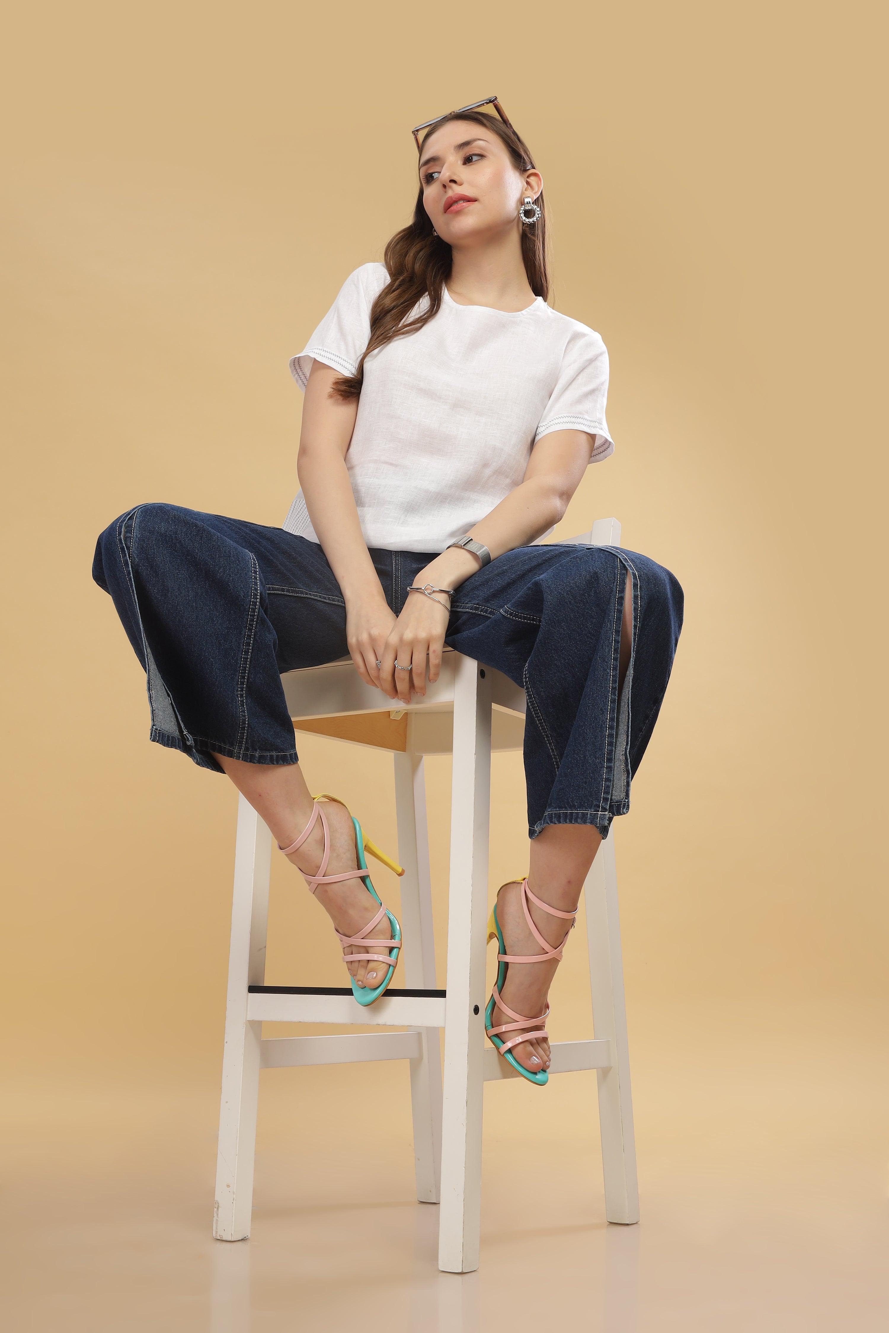 CLAIRE - 100% Pure Linen White T-Shirt With Embroidered Stitch Details