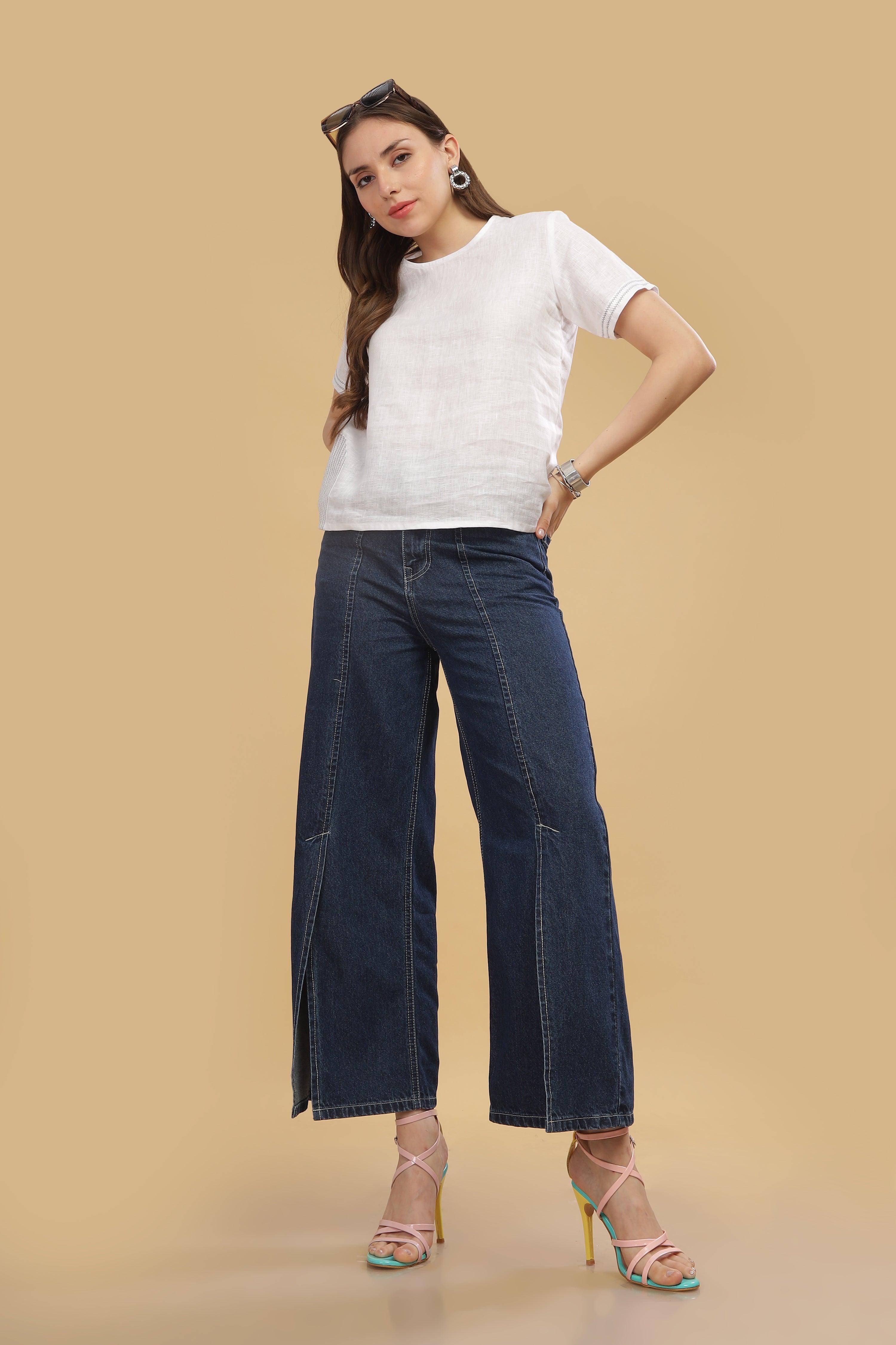 CLAIRE - 100%  Pure Linen White T-Shirt With Embroidered Stitch Details