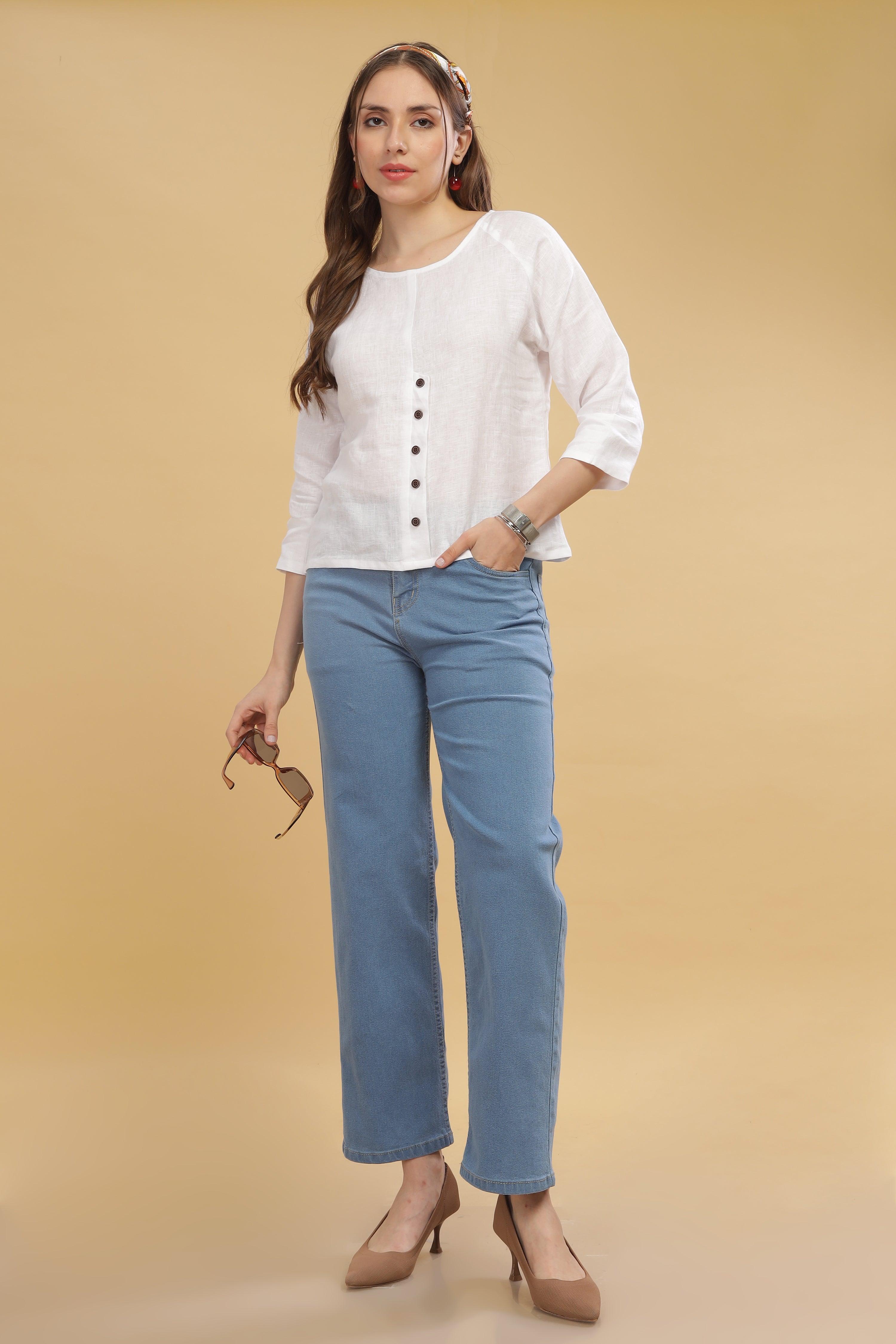 FREYA - 100% Pure Linen White Top Raglan Sleeves