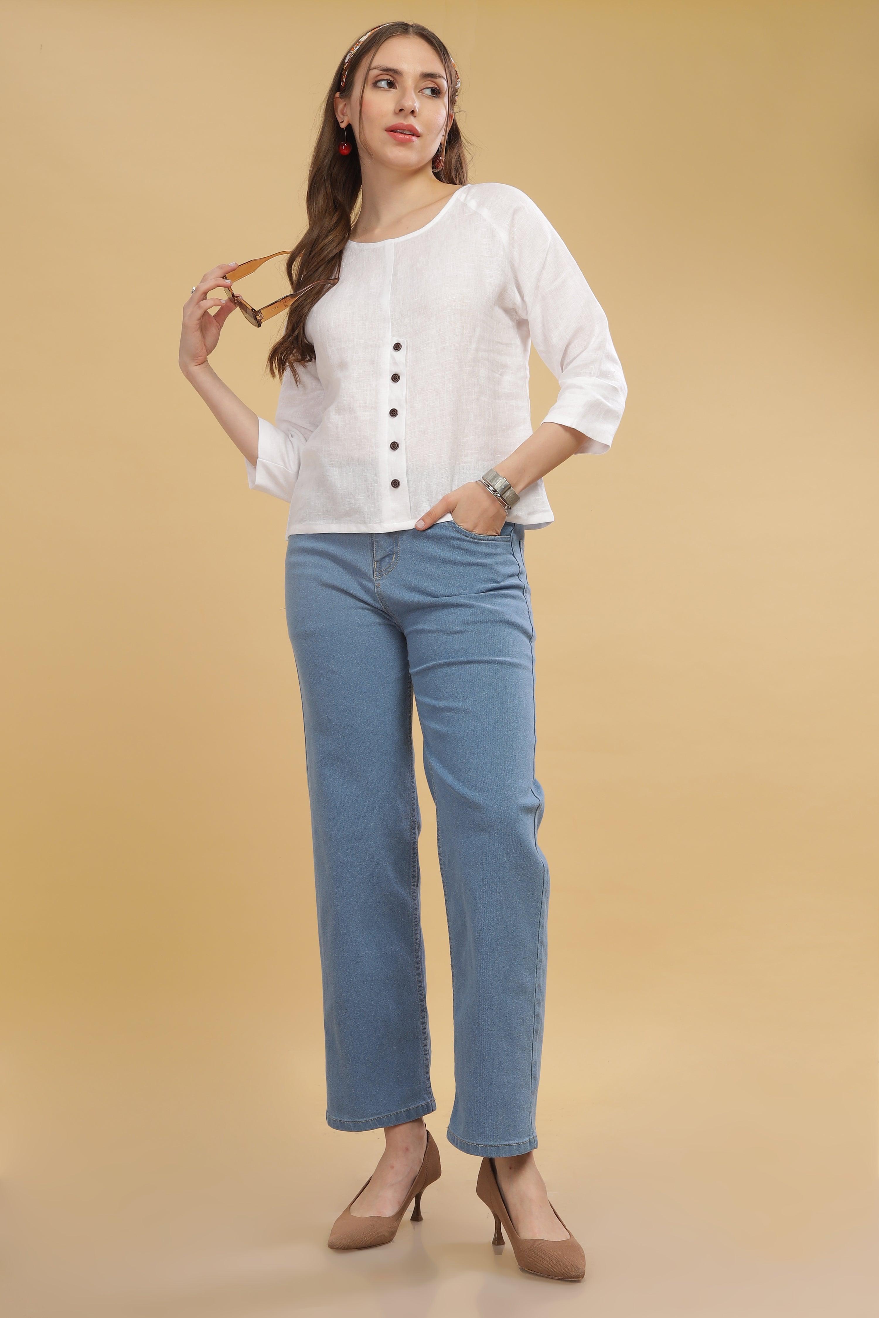 FREYA - 100% Pure Linen White Top Raglan Sleeves