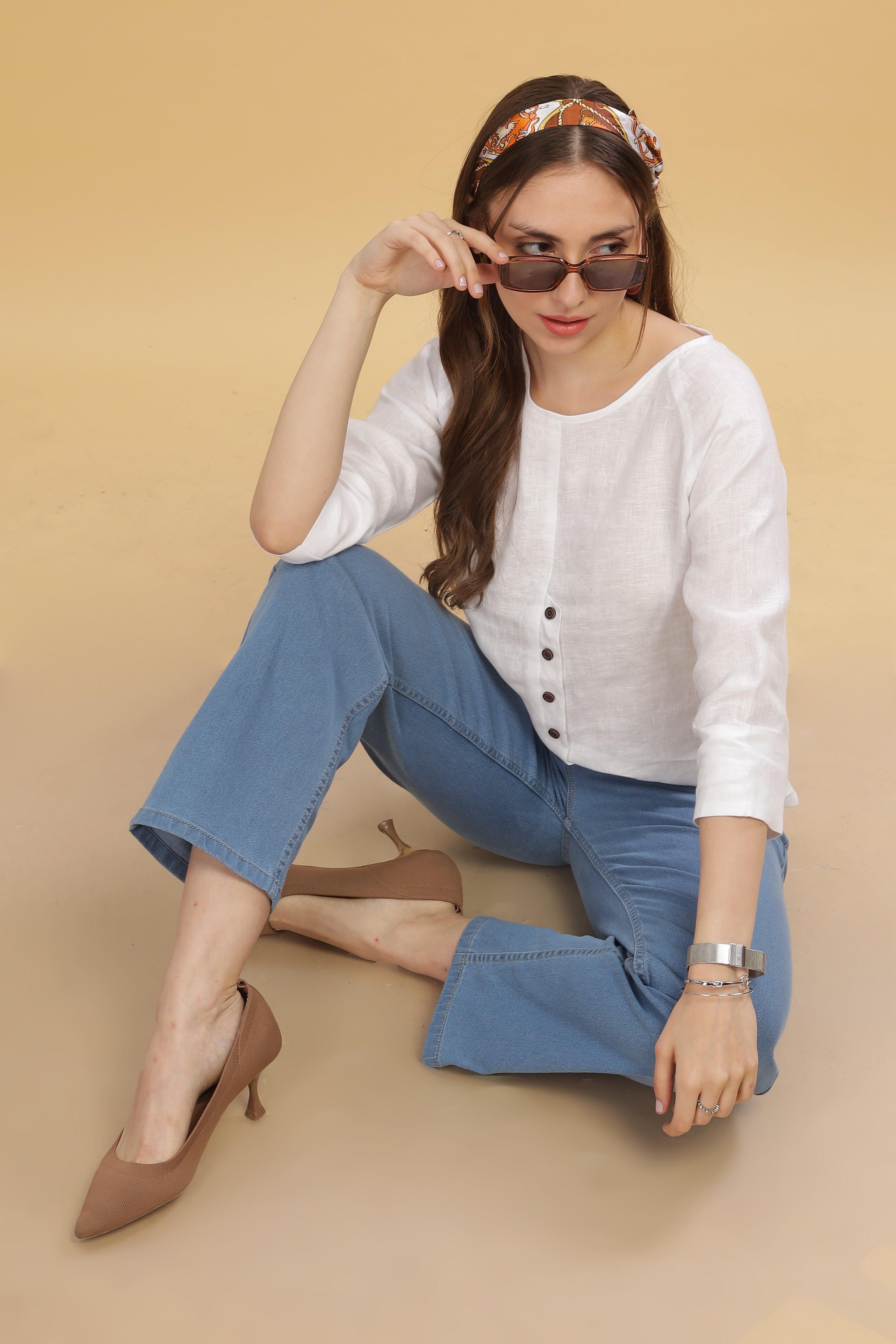 FREYA - 100% Pure Linen White Top Raglan Sleeves