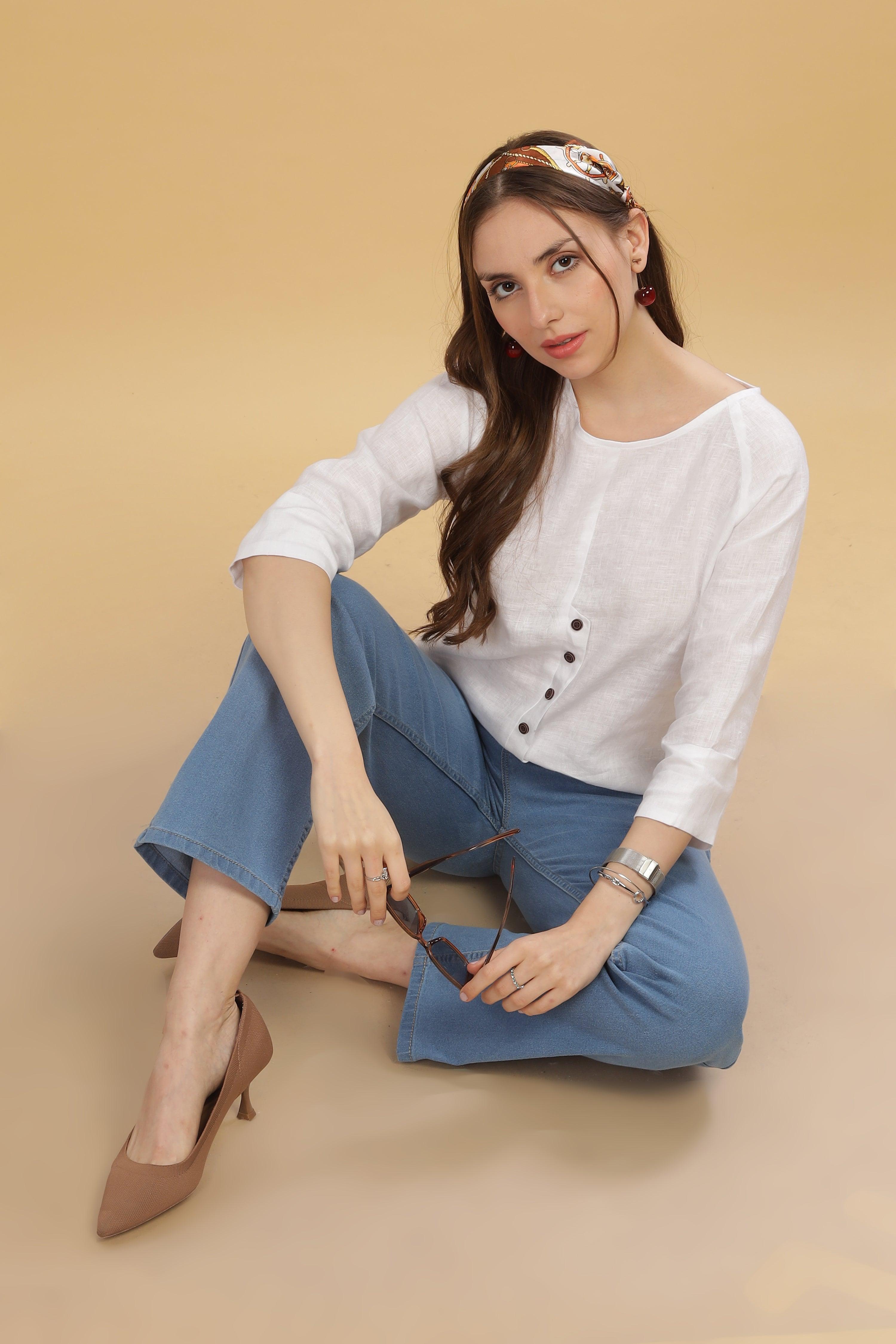 FREYA - 100% Pure Linen White Top Raglan Sleeves