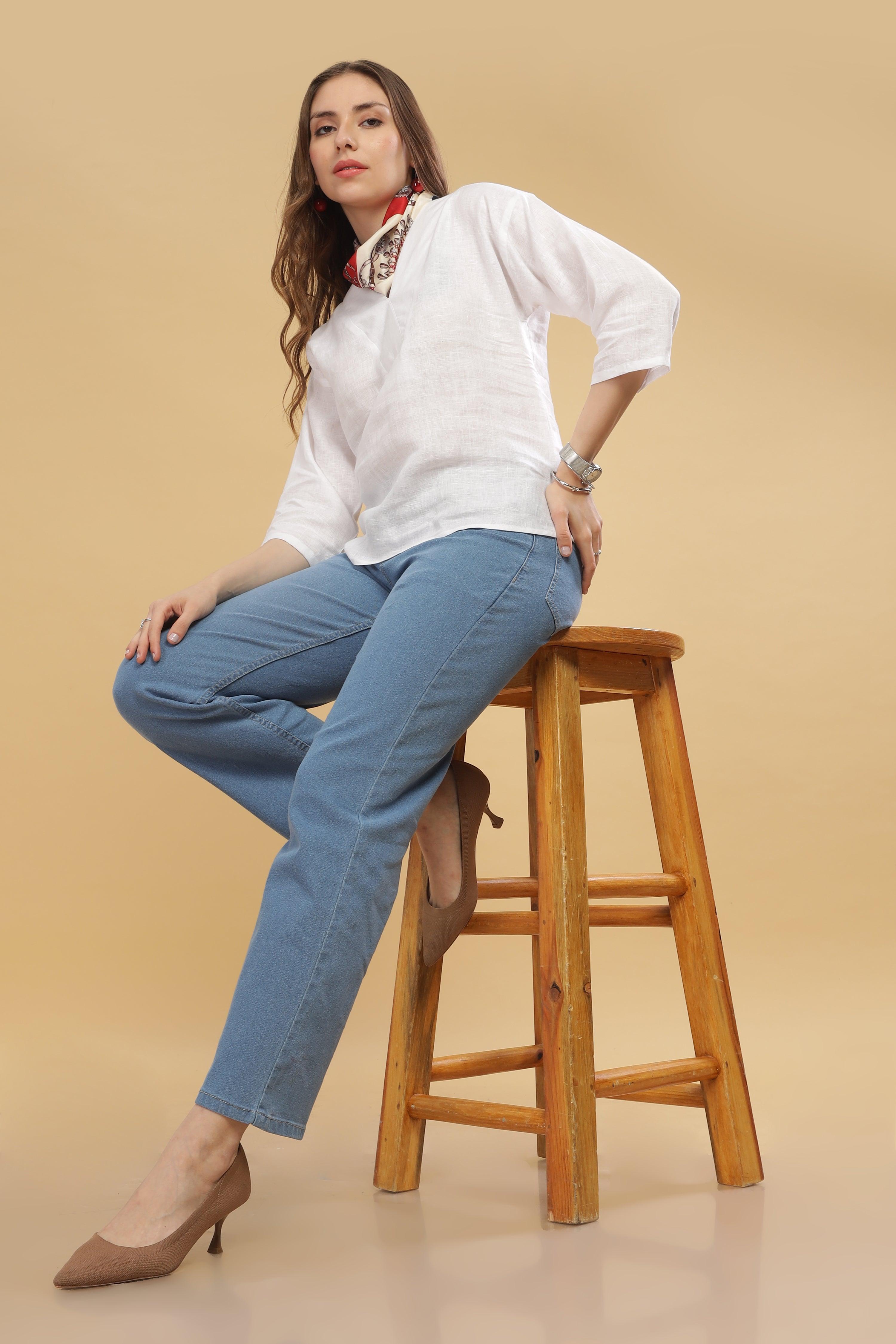 FLORINE- 100% Pure Linen V Neck White Top