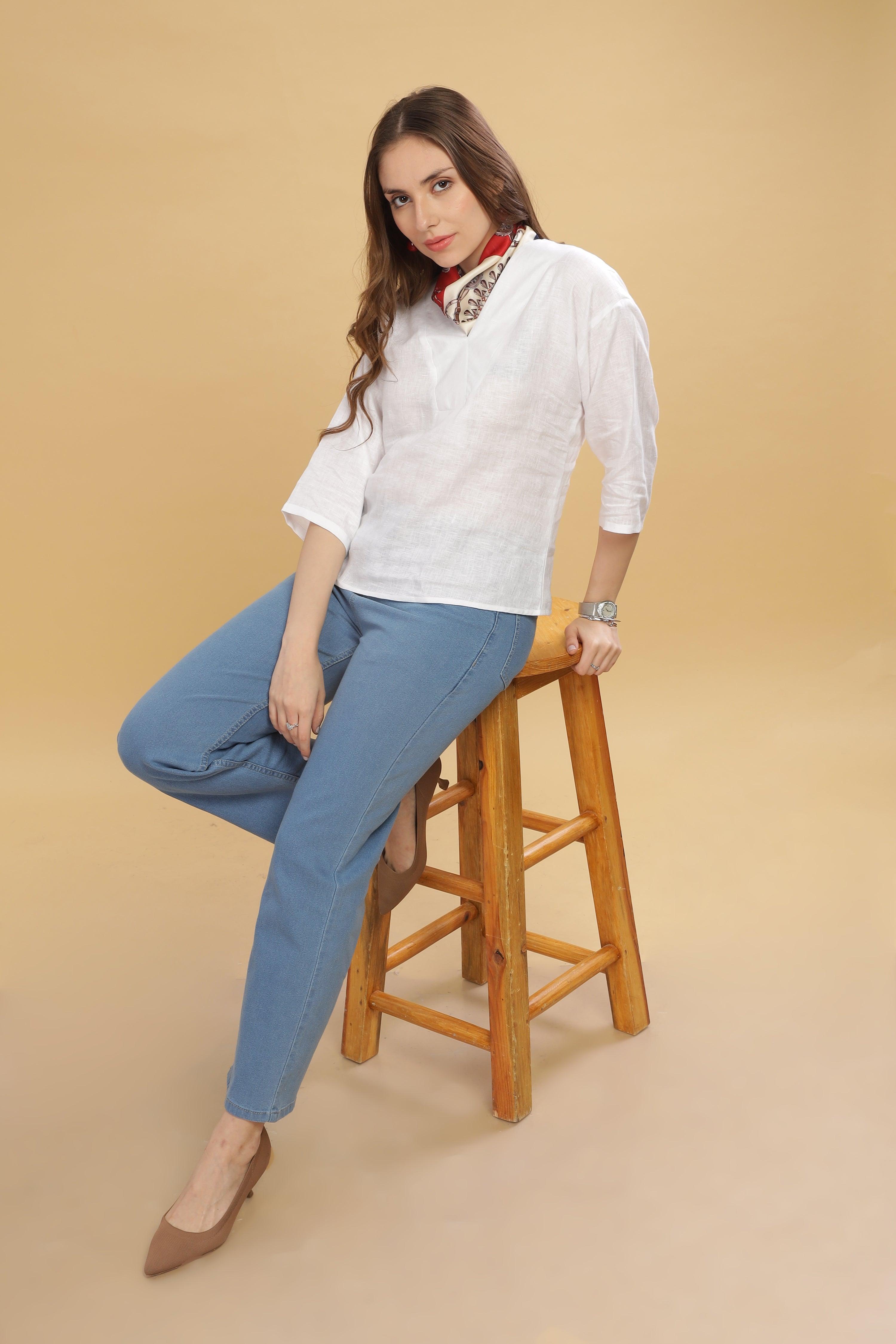 FLORINE- 100% Pure Linen V Neck White Top