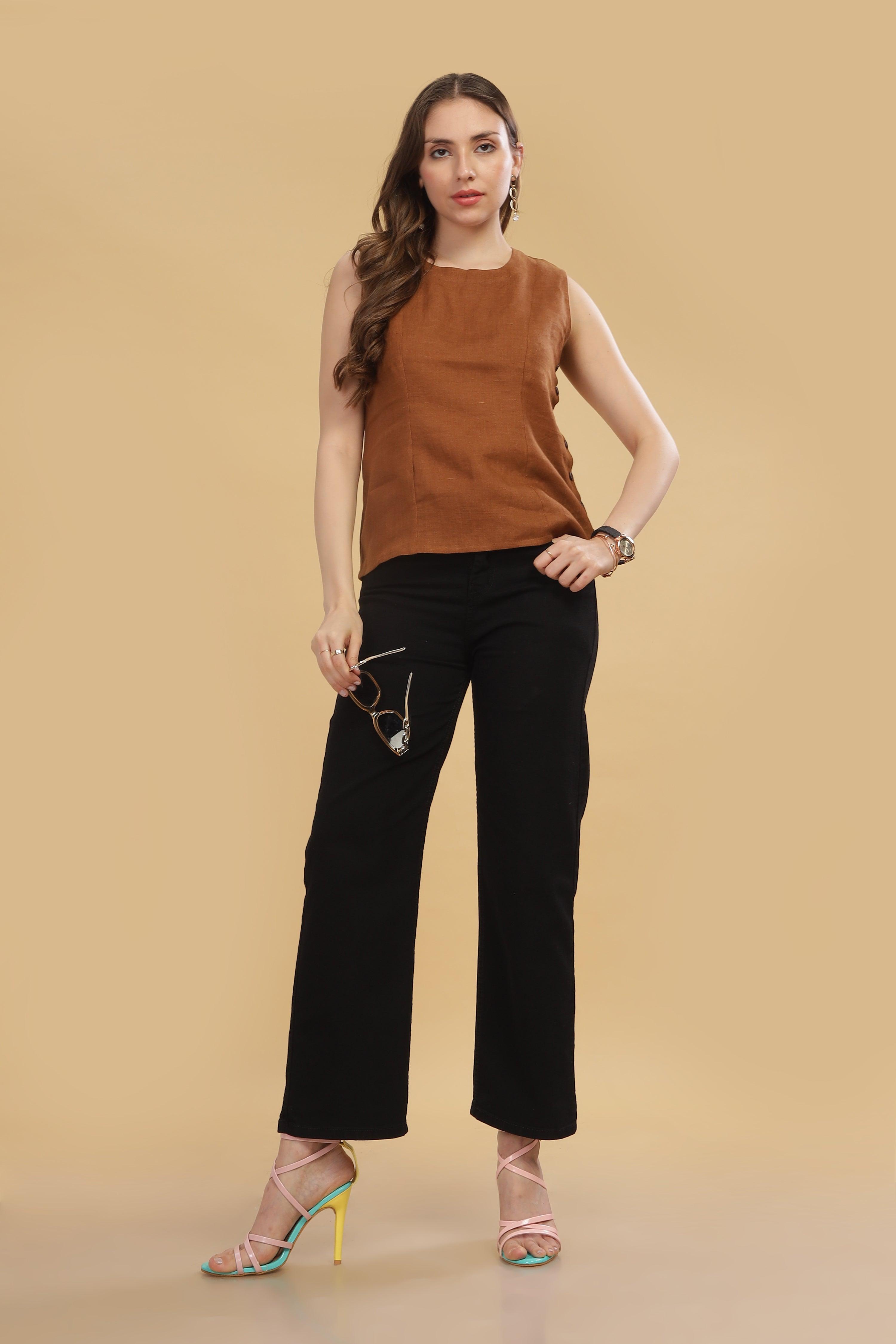 VIVA - 100% Pure Linen Sleeves Coffee Brown Top