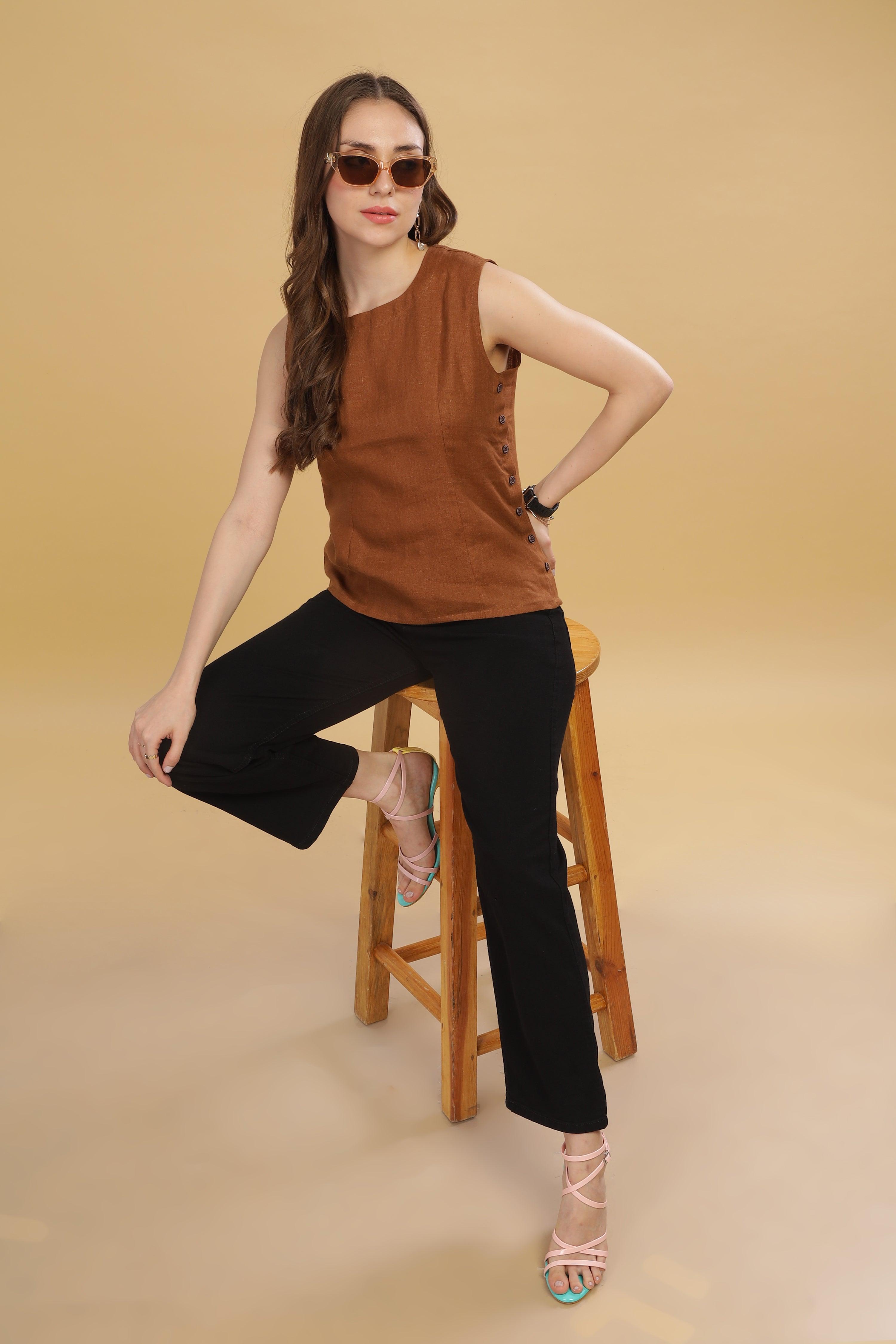 VIVA - 100% Pure Linen Sleeves Coffee Brown Top