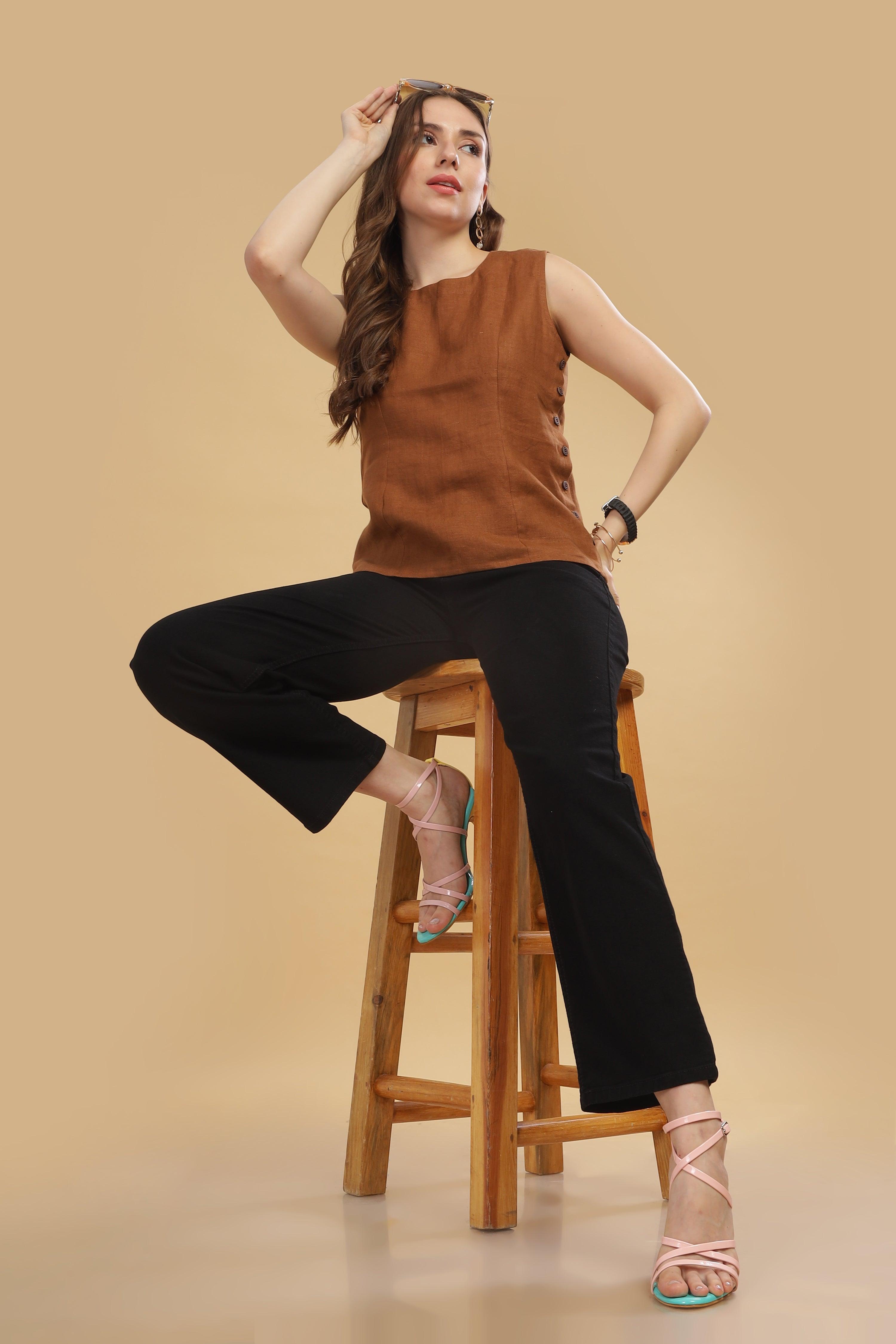 VIVA - 100% Pure Linen Sleeves Coffee Brown Top