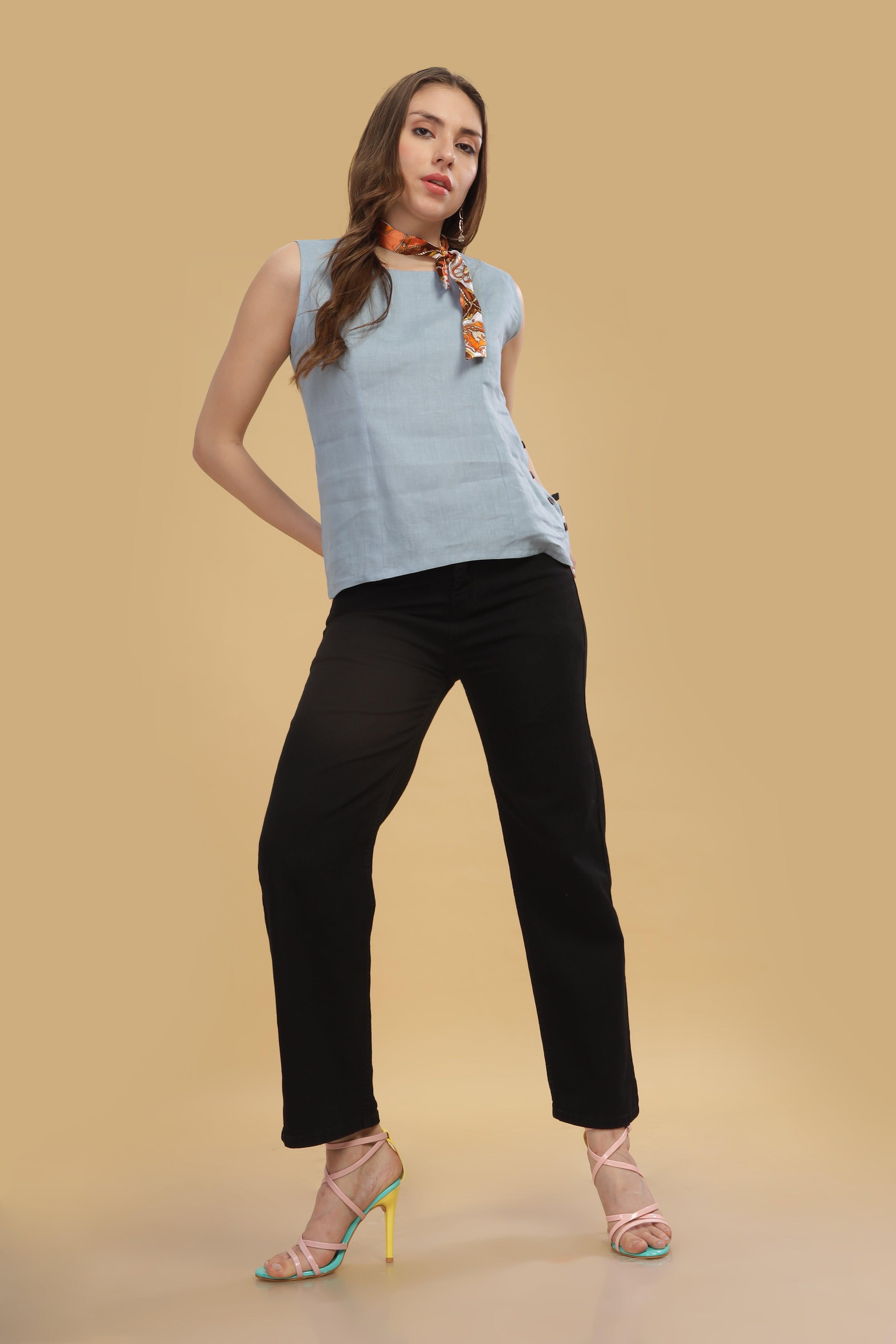 VIVA - 100% Pure Linen Sleeves Light Blue Grey Top