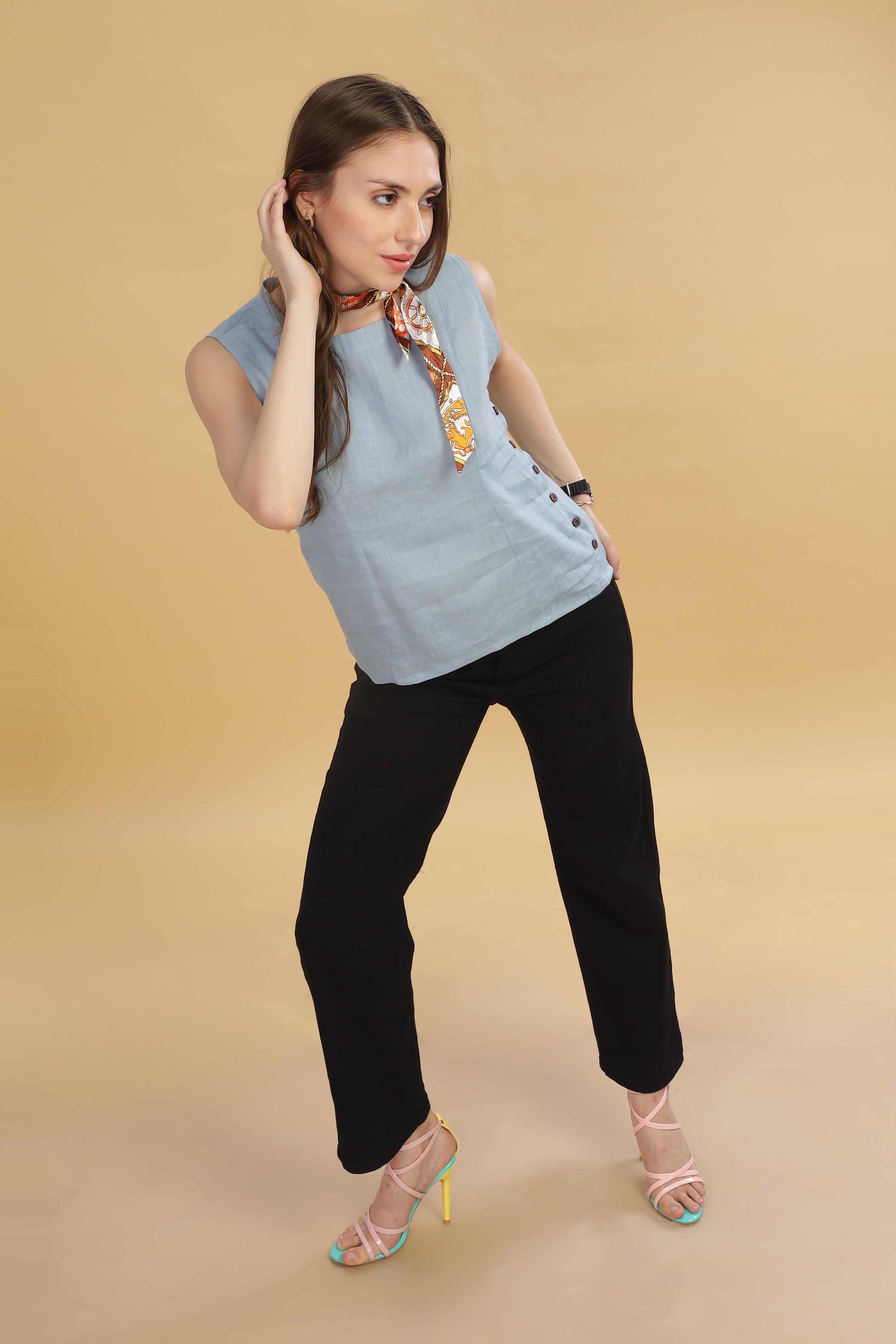 VIVA - 100% Pure Linen Sleeves Light Blue Grey Top