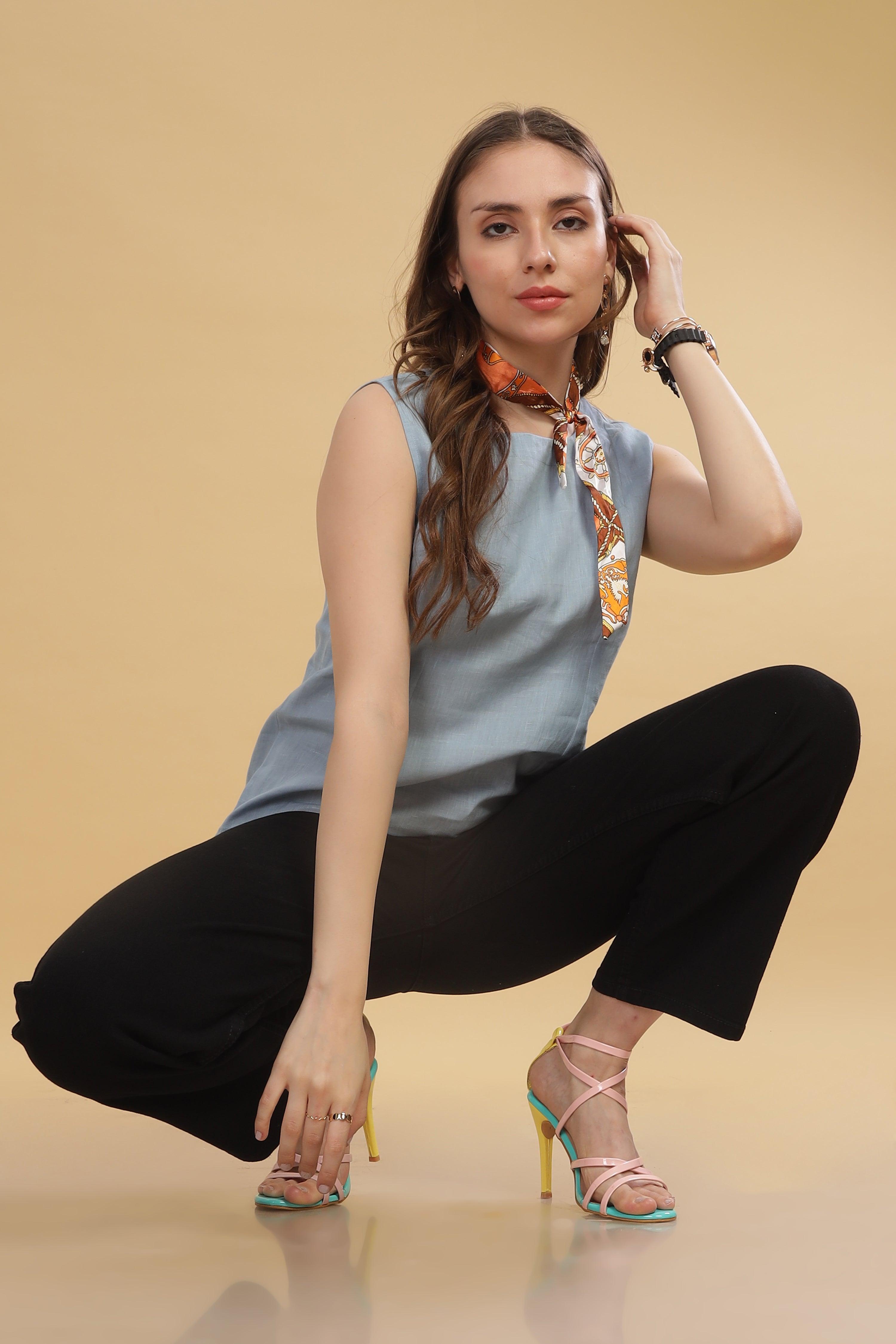 VIVA - 100% Pure Linen Sleeves Light Blue Grey Top