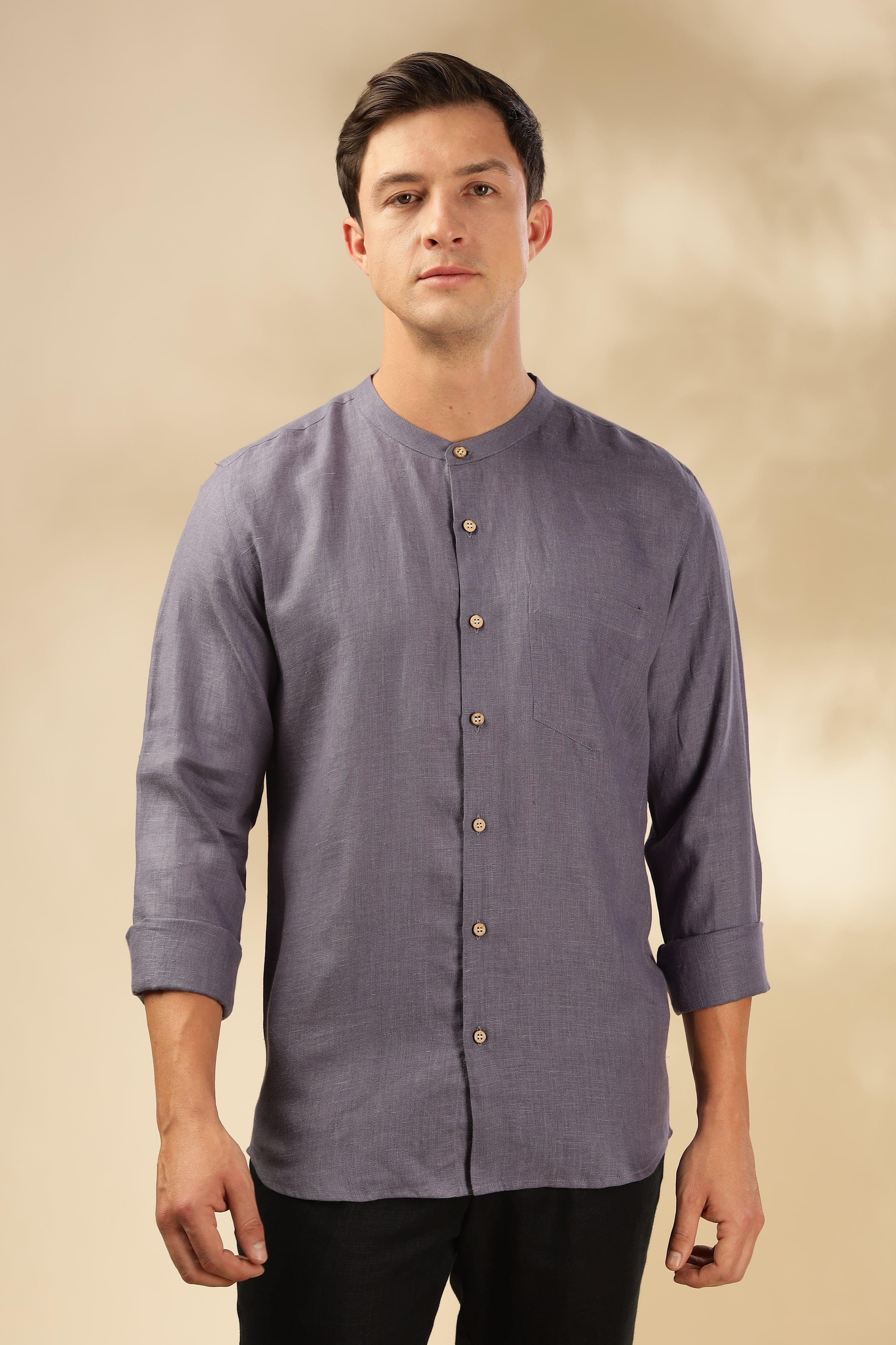 HAN - Pure Linen Mandarin Collar Pitch Blue Shirt