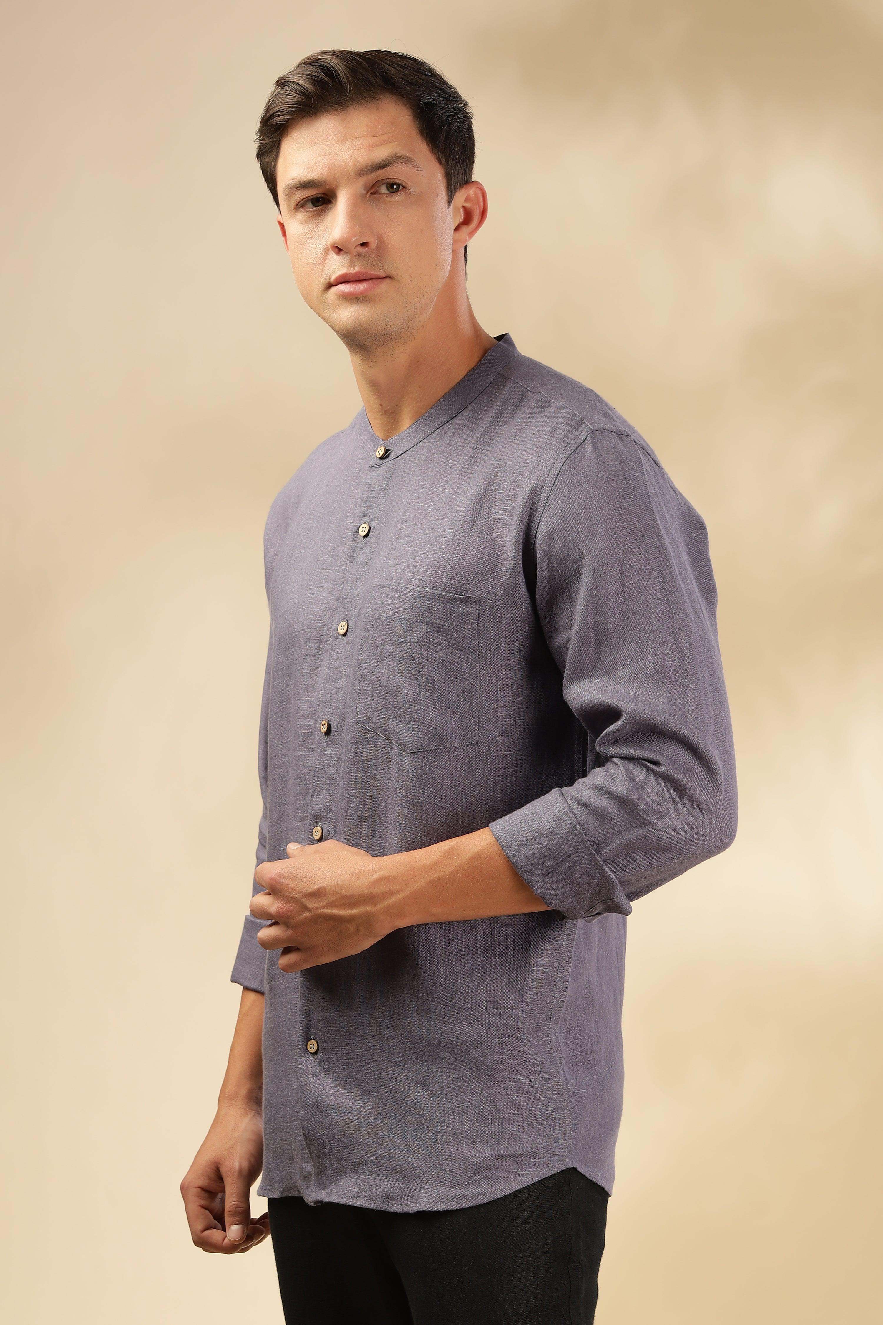 HAN - Pure Linen Mandarin Collar Pitch Blue Shirt