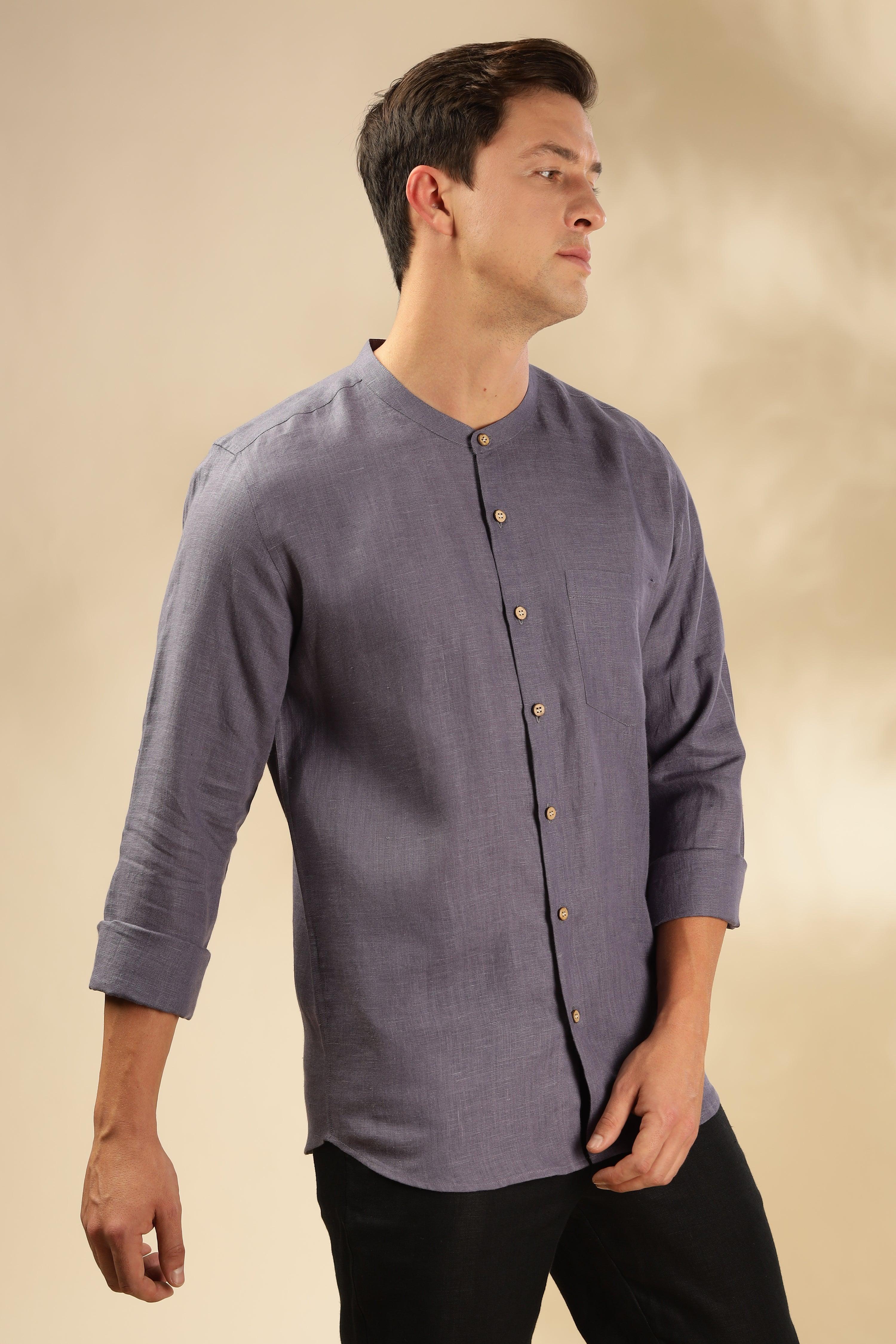 HAN - Pure Linen Mandarin Collar Pitch Blue Shirt