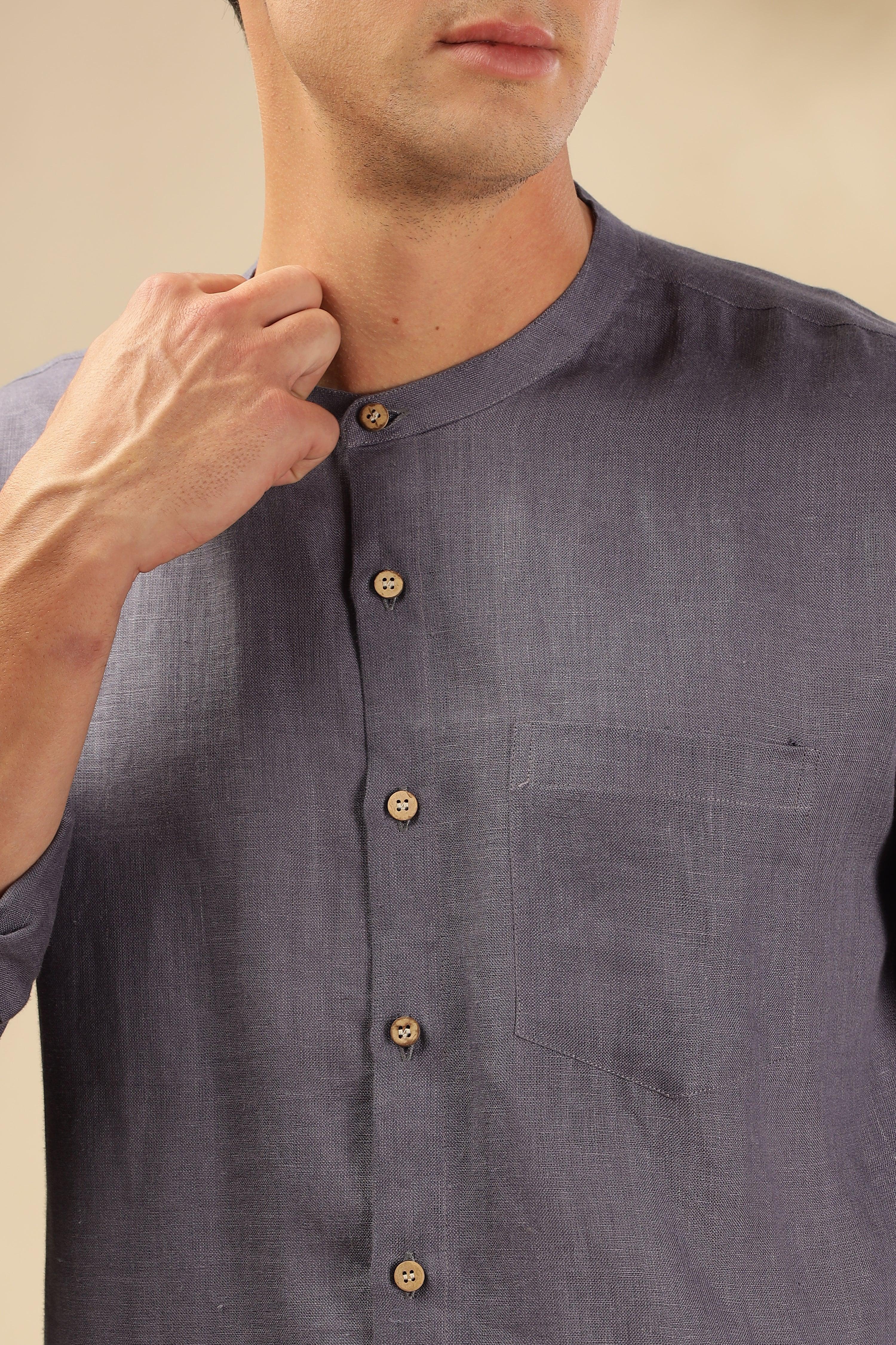 HAN - Pure Linen Mandarin Collar Pitch Blue Shirt