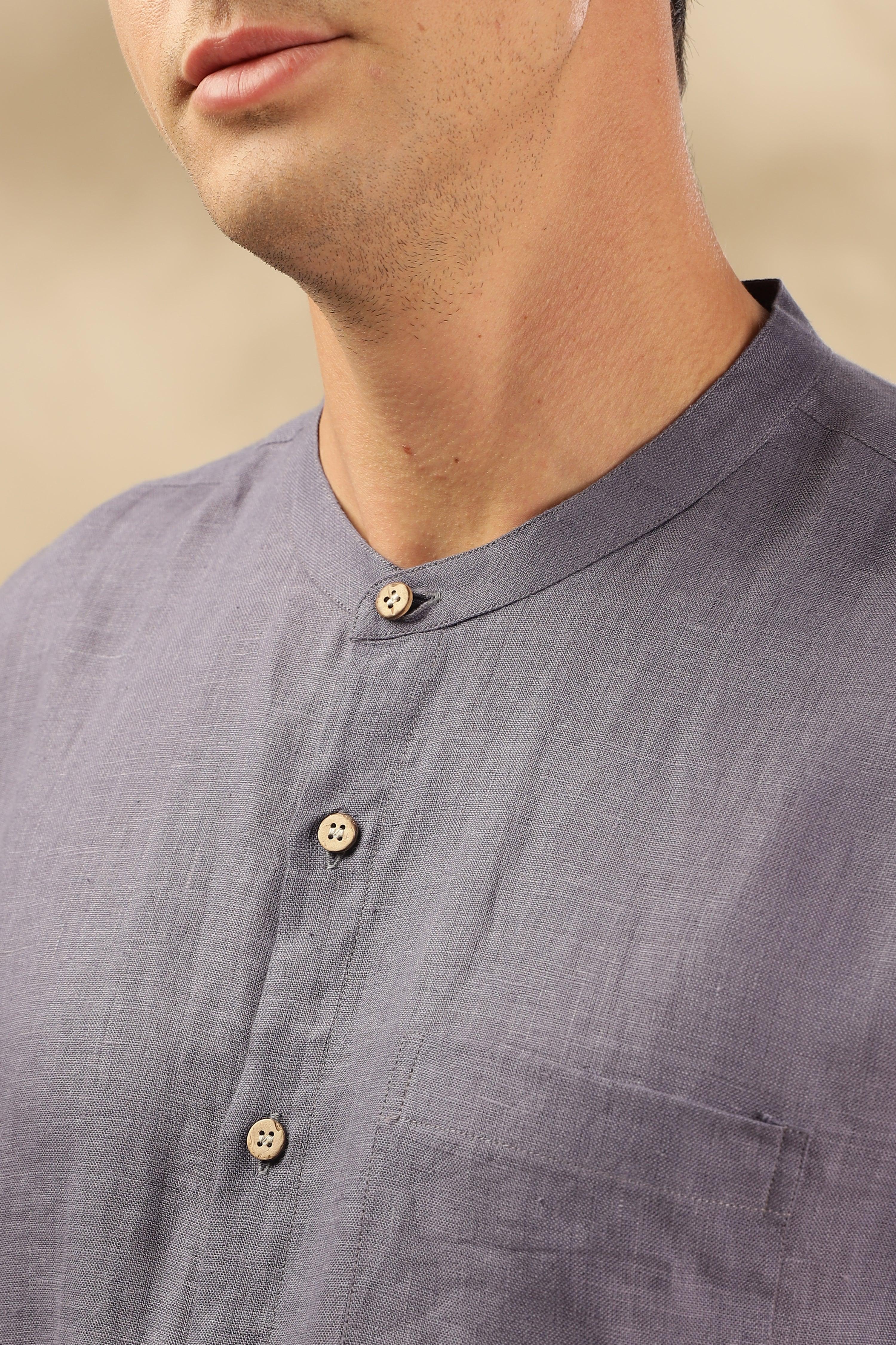 HAN - Pure Linen Mandarin Collar Pitch Blue Shirt