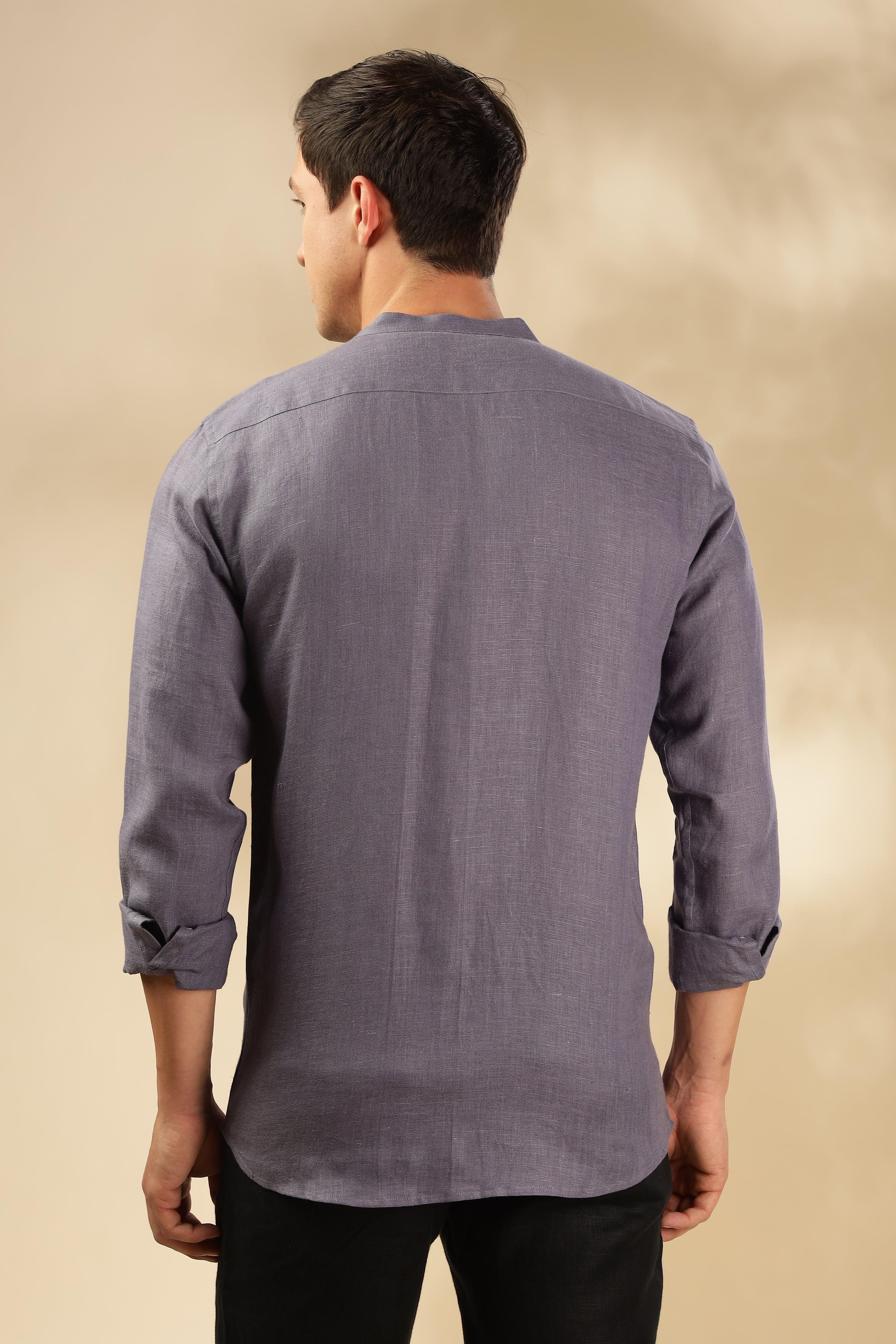 HAN - Pure Linen Mandarin Collar Pitch Blue Shirt