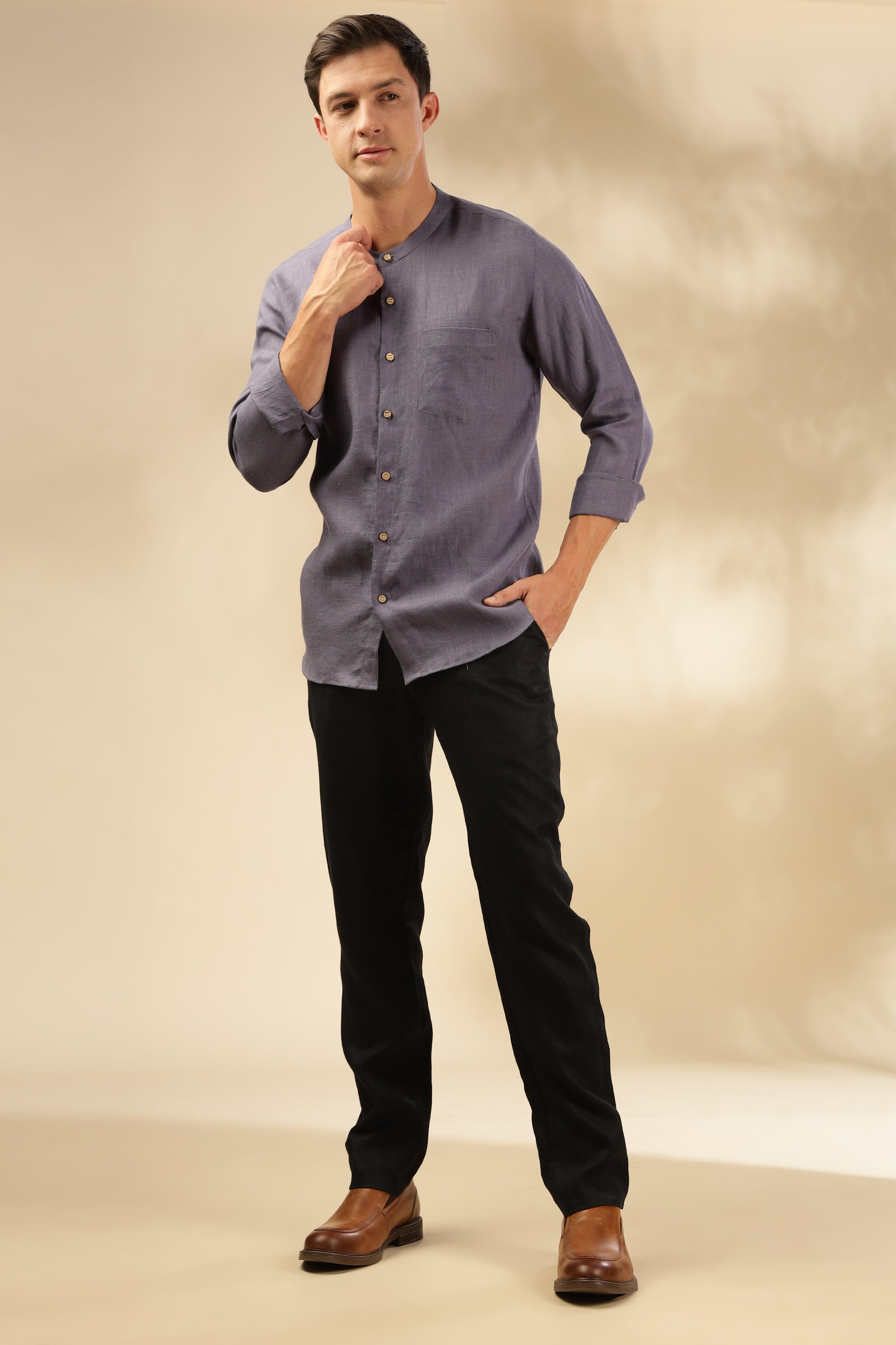 HAN - Pure Linen Mandarin Collar Pitch Blue Shirt