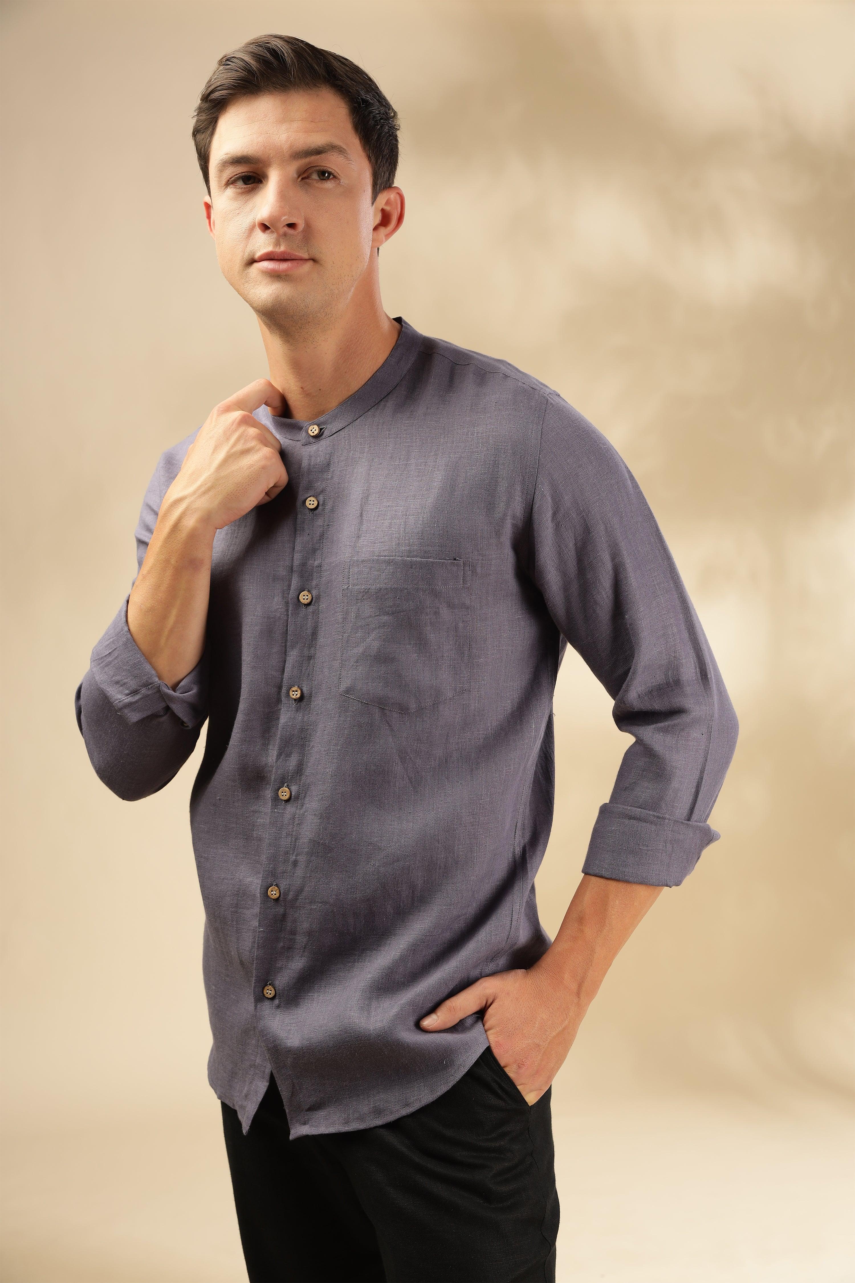 HAN - Pure Linen Mandarin Collar Pitch Blue Shirt