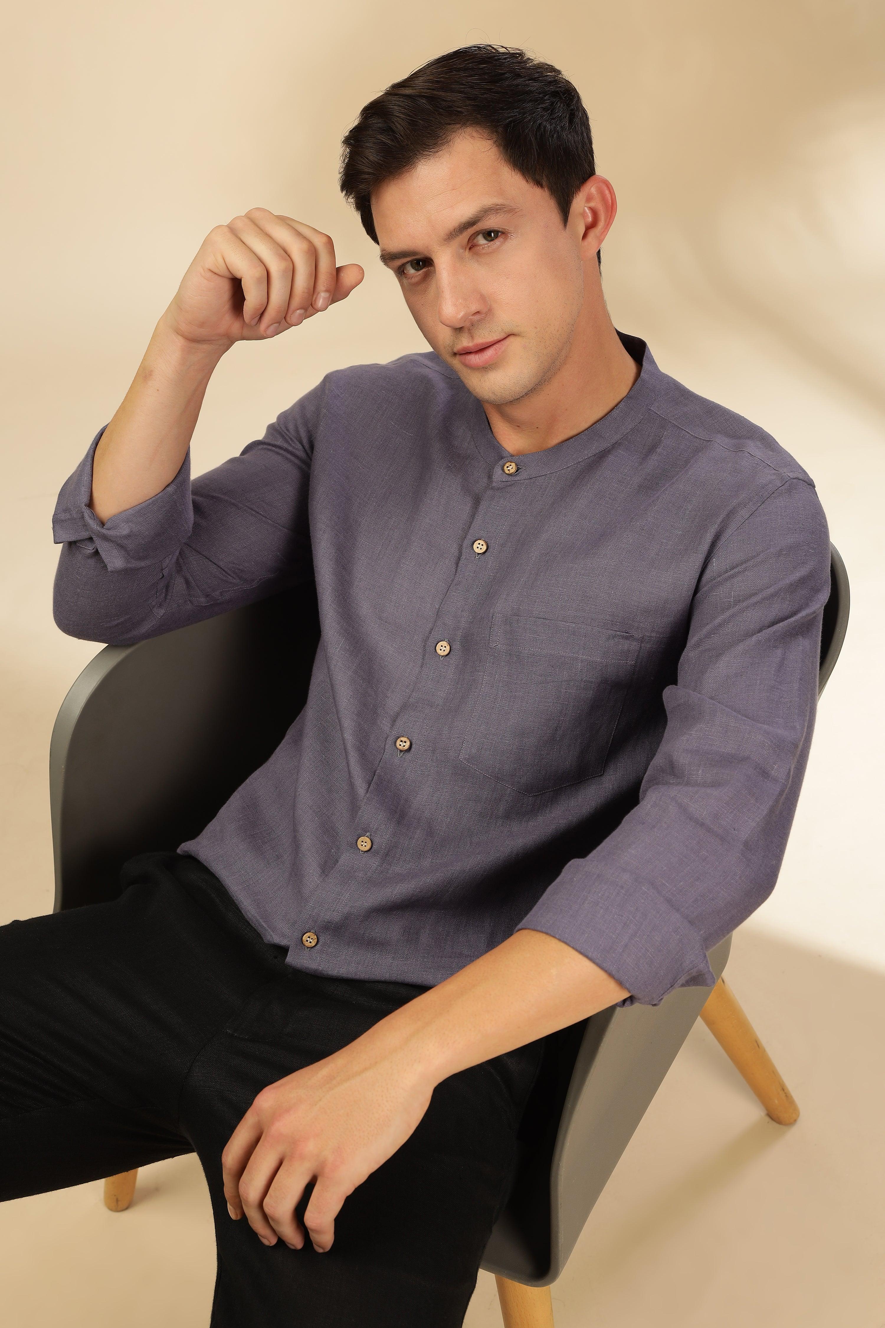 HAN - Pure Linen Mandarin Collar Pitch Blue Shirt