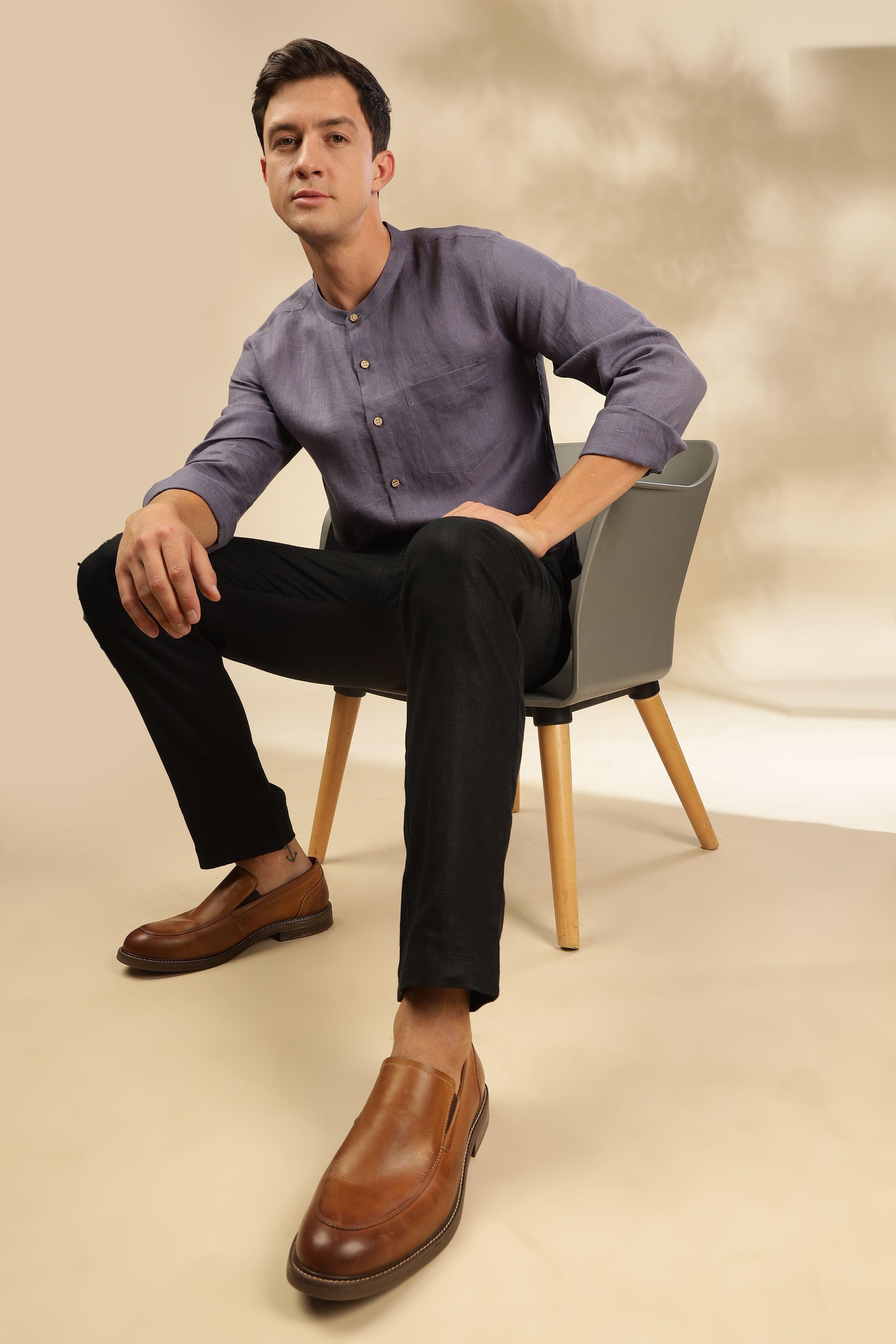 HAN - Pure Linen Mandarin Collar Pitch Blue Shirt