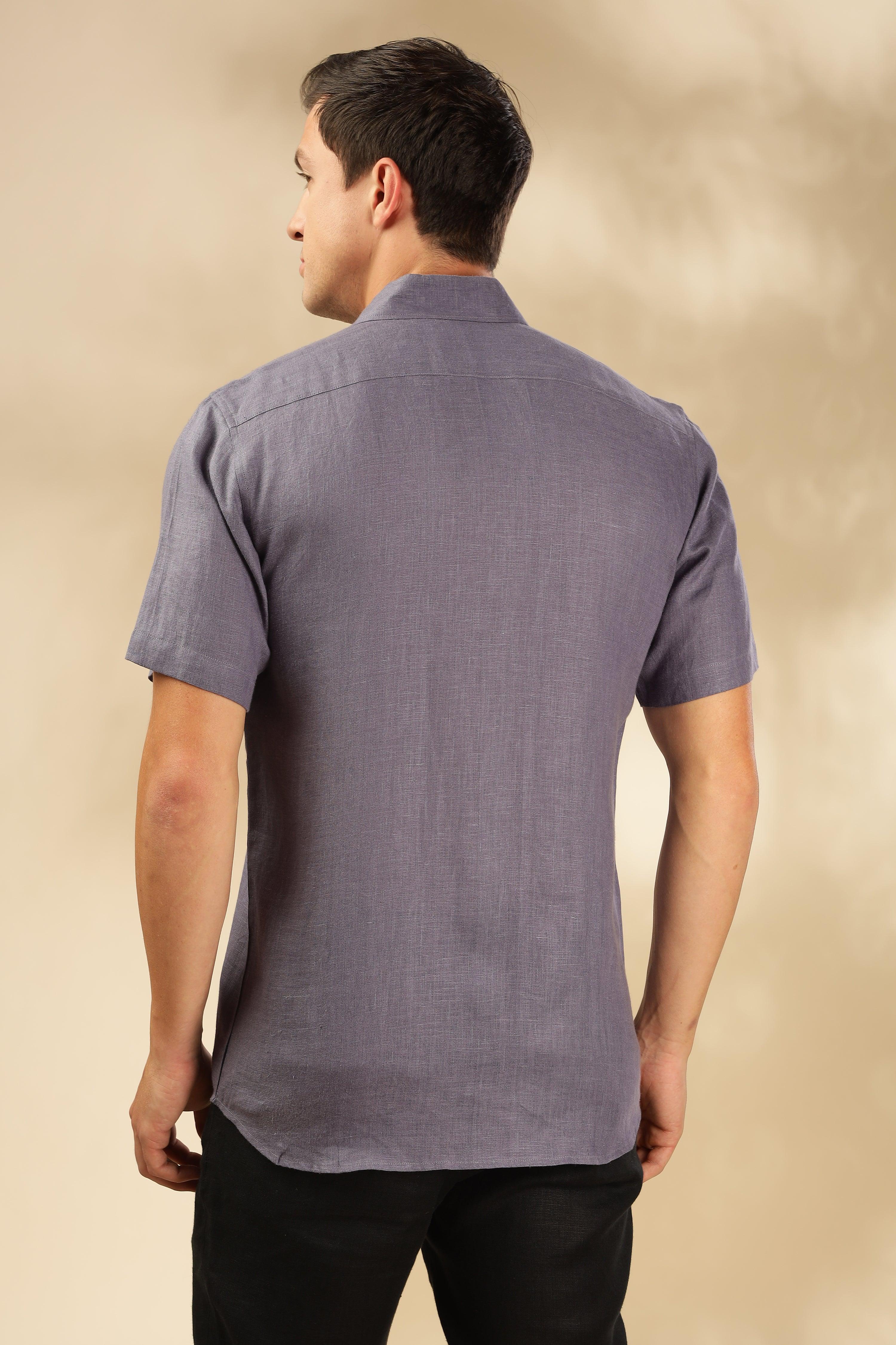 MARK Short Sleeves- 100% Pure Linen Regular Collar Pitch Blue Shirt