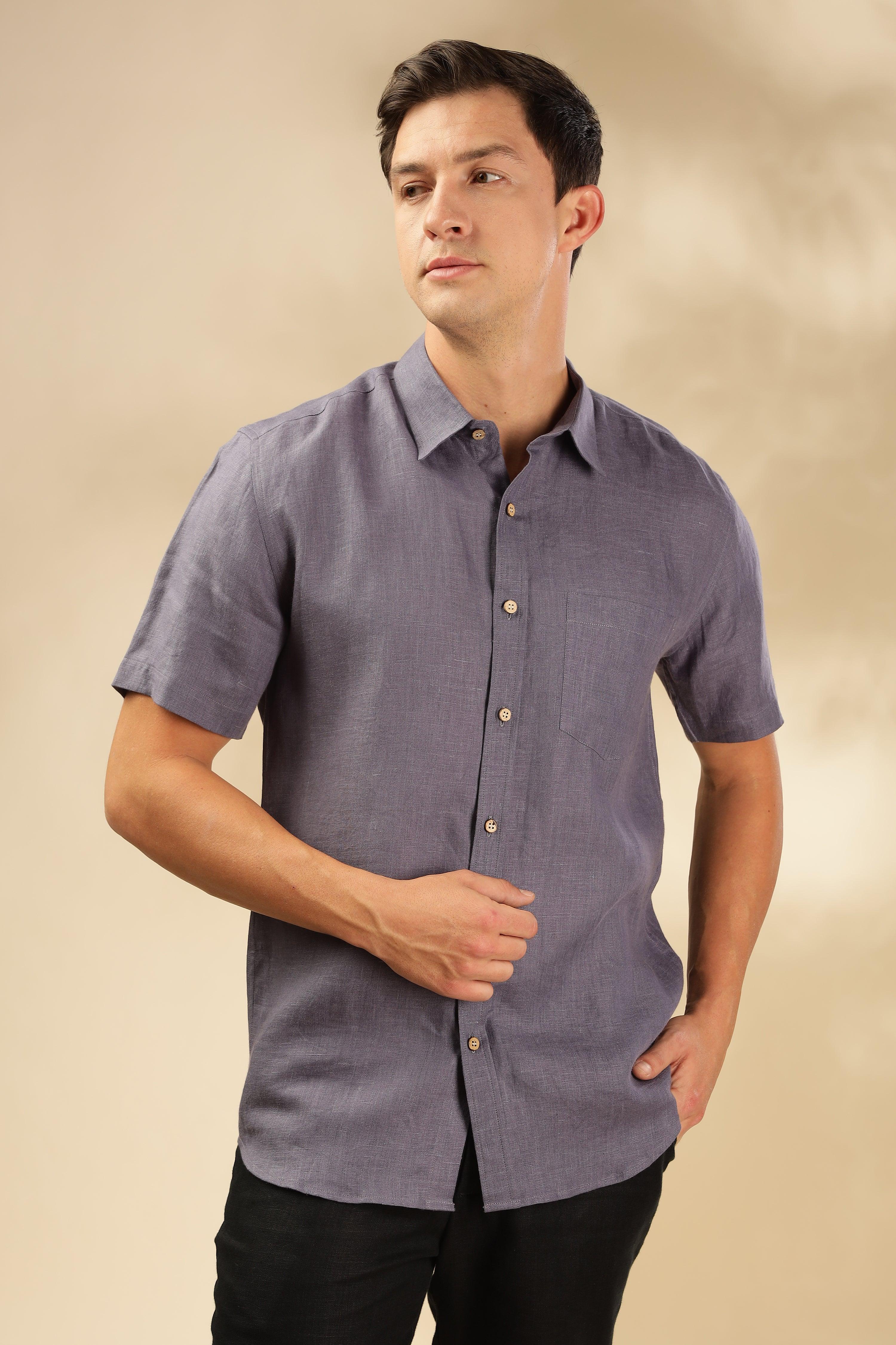 MARK Short Sleeves- 100% Pure Linen Regular Collar Pitch Blue Shirt