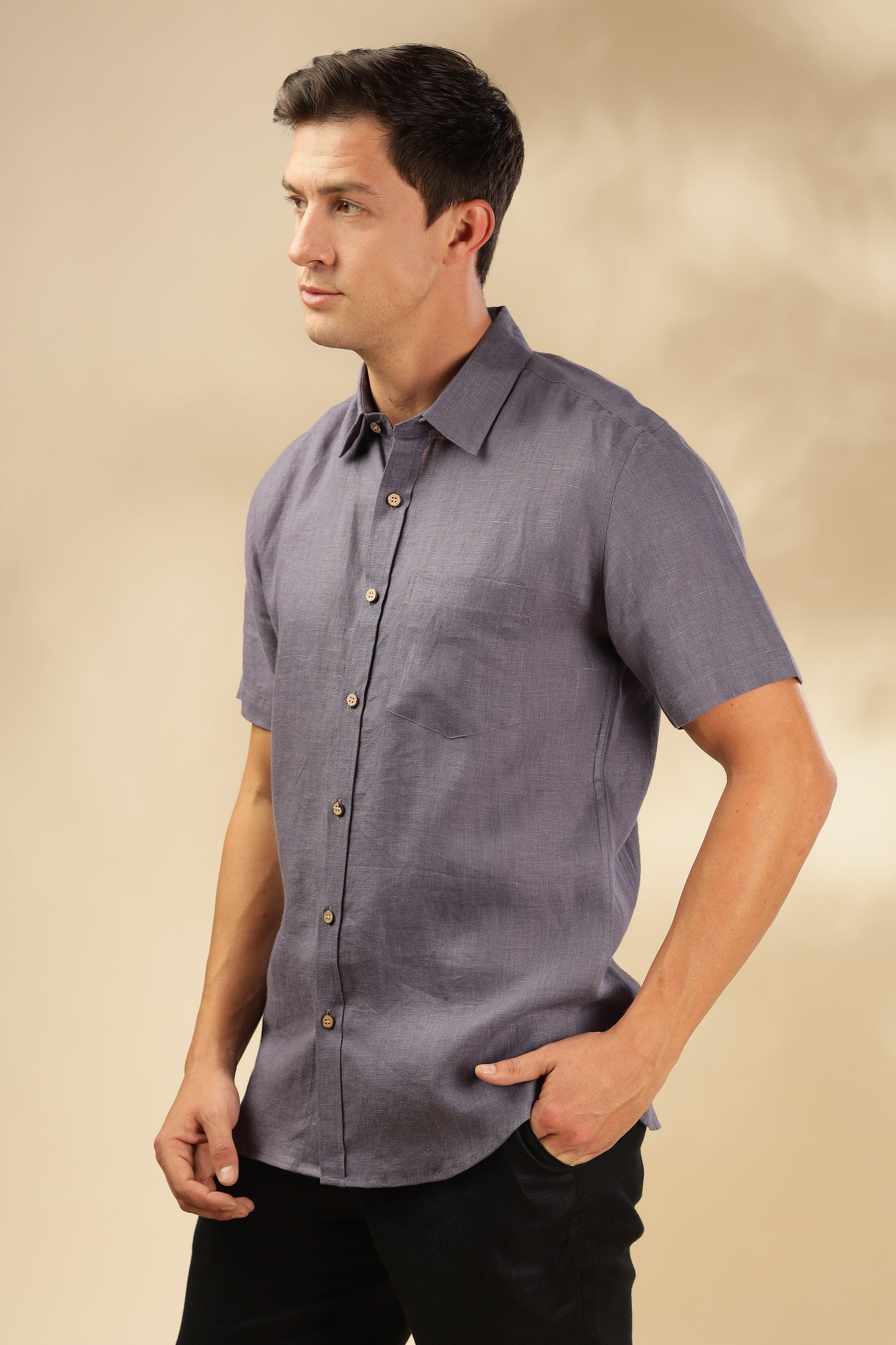 MARK Short Sleeves- 100% Pure Linen Regular Collar Pitch Blue Shirt