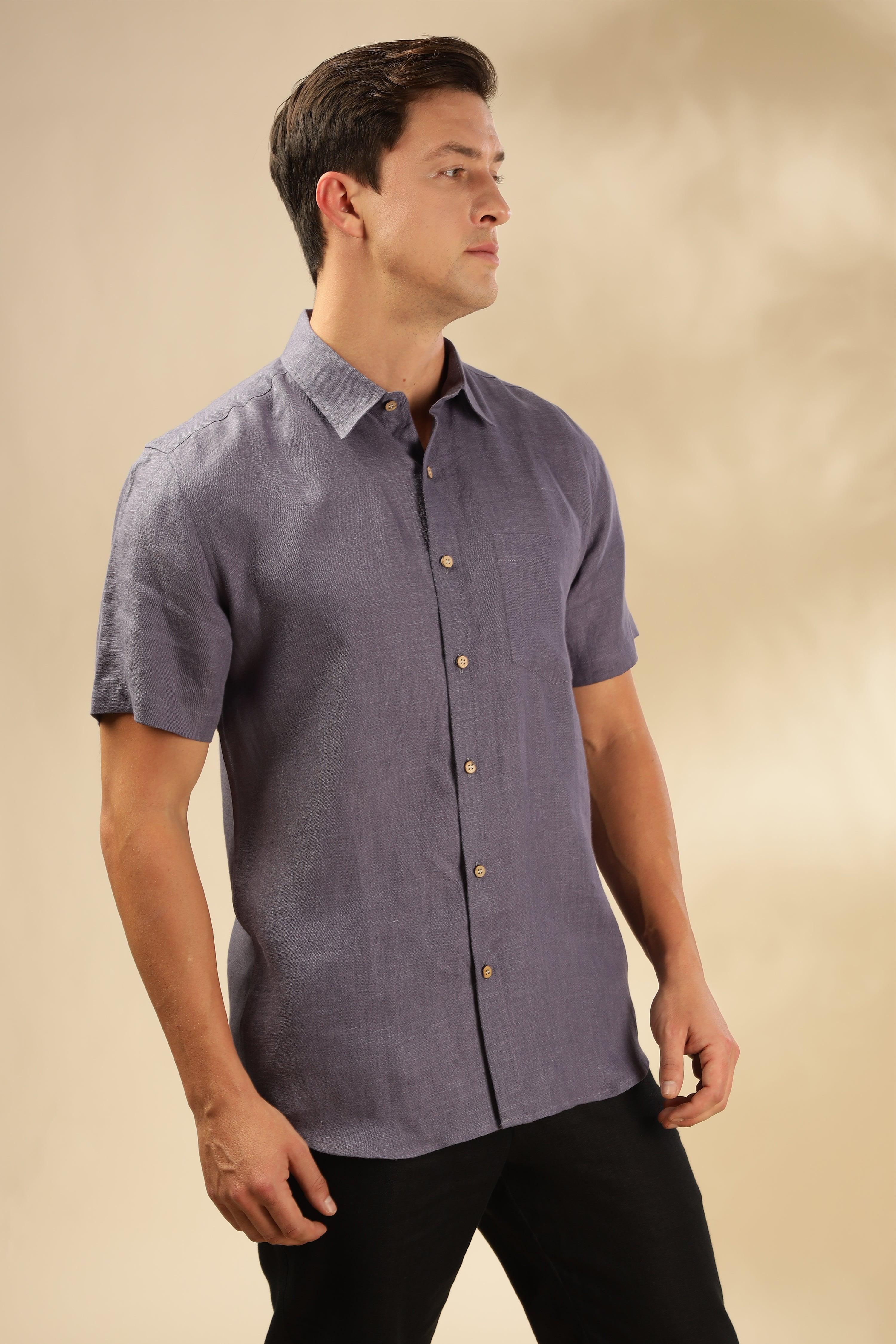 MARK Short Sleeves- 100% Pure Linen Regular Collar Pitch Blue Shirt