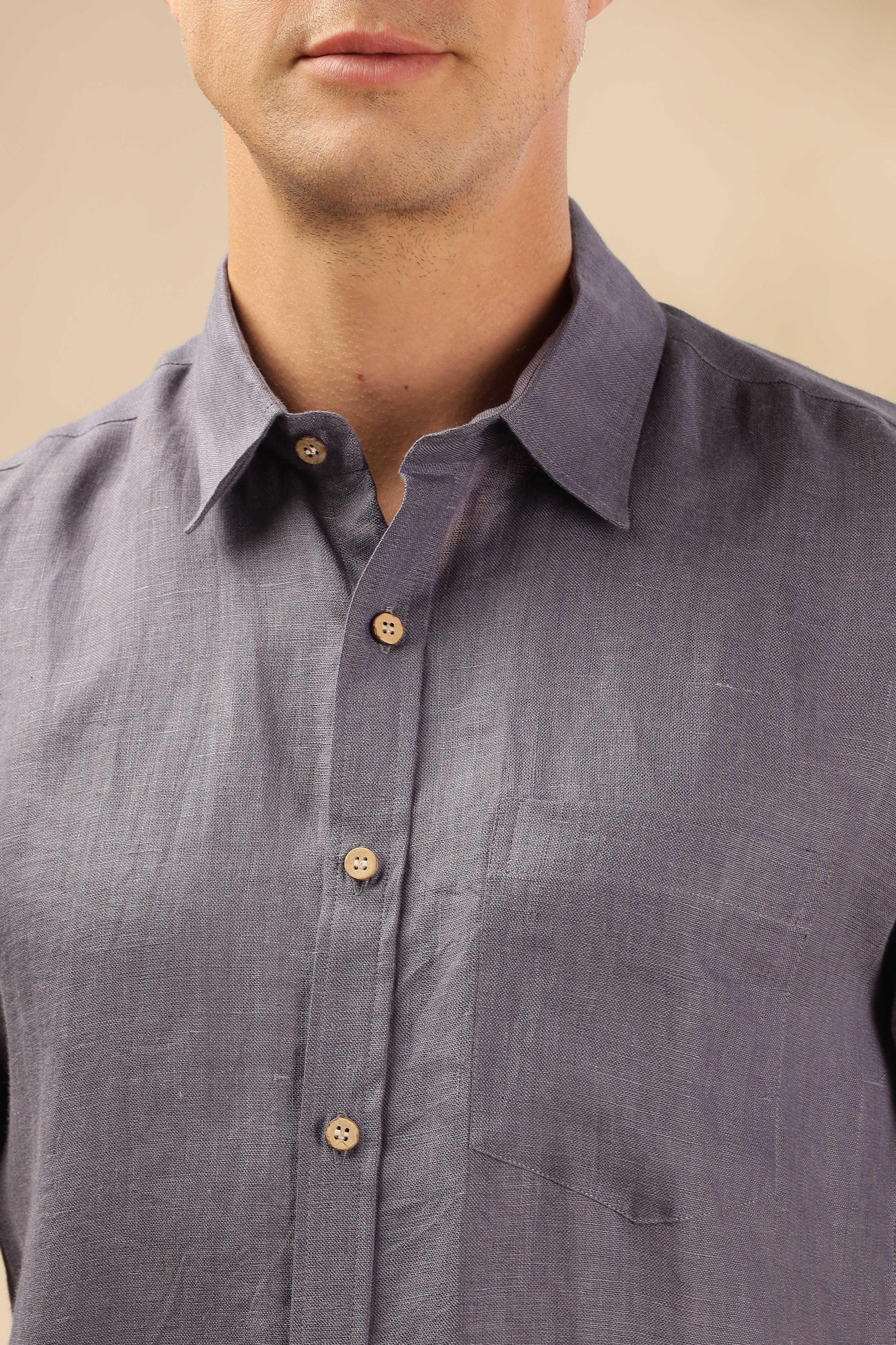 MARK Short Sleeves- 100% Pure Linen Regular Collar Pitch Blue Shirt