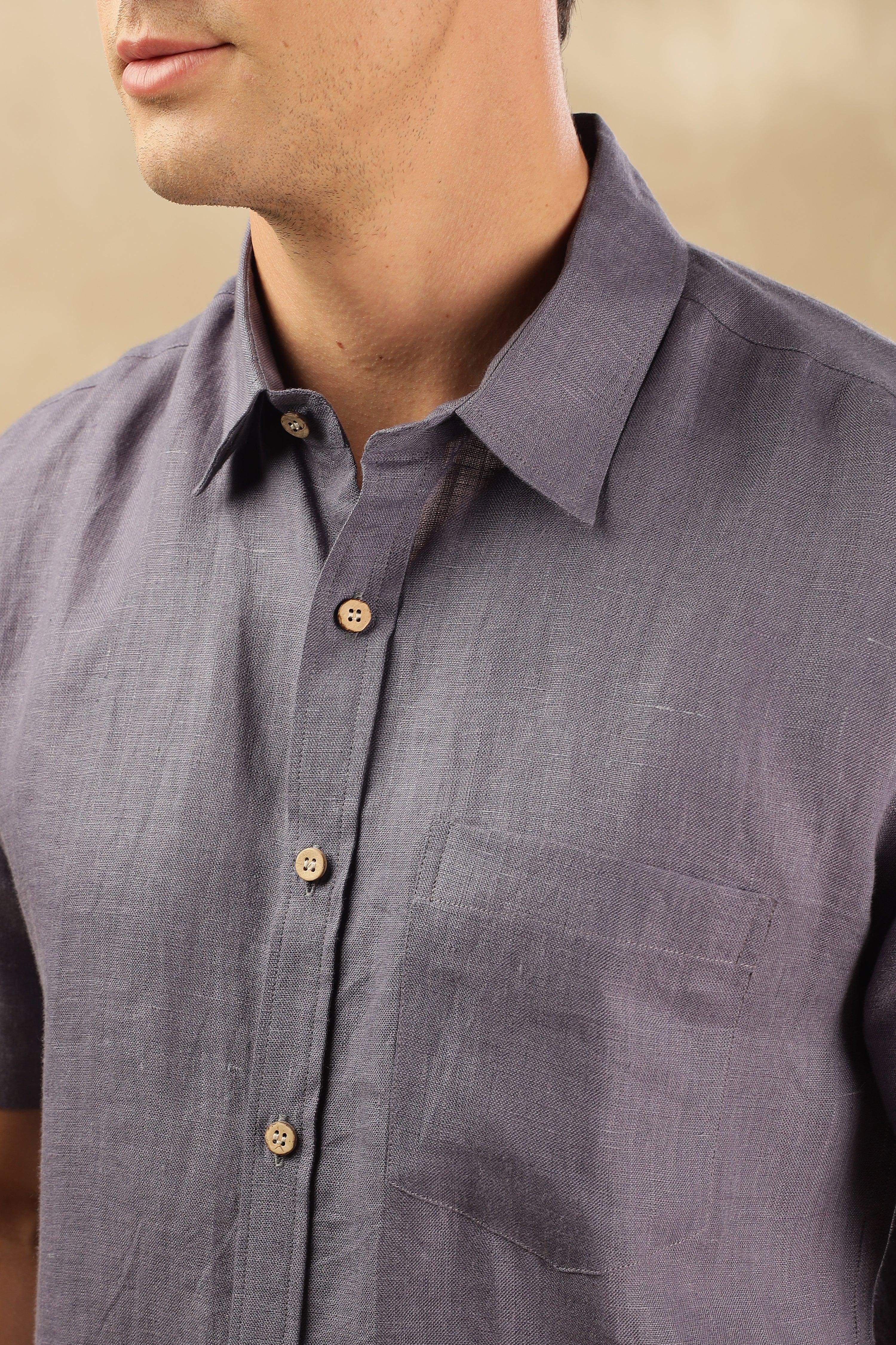 MARK Short Sleeves- 100% Pure Linen Regular Collar Pitch Blue Shirt
