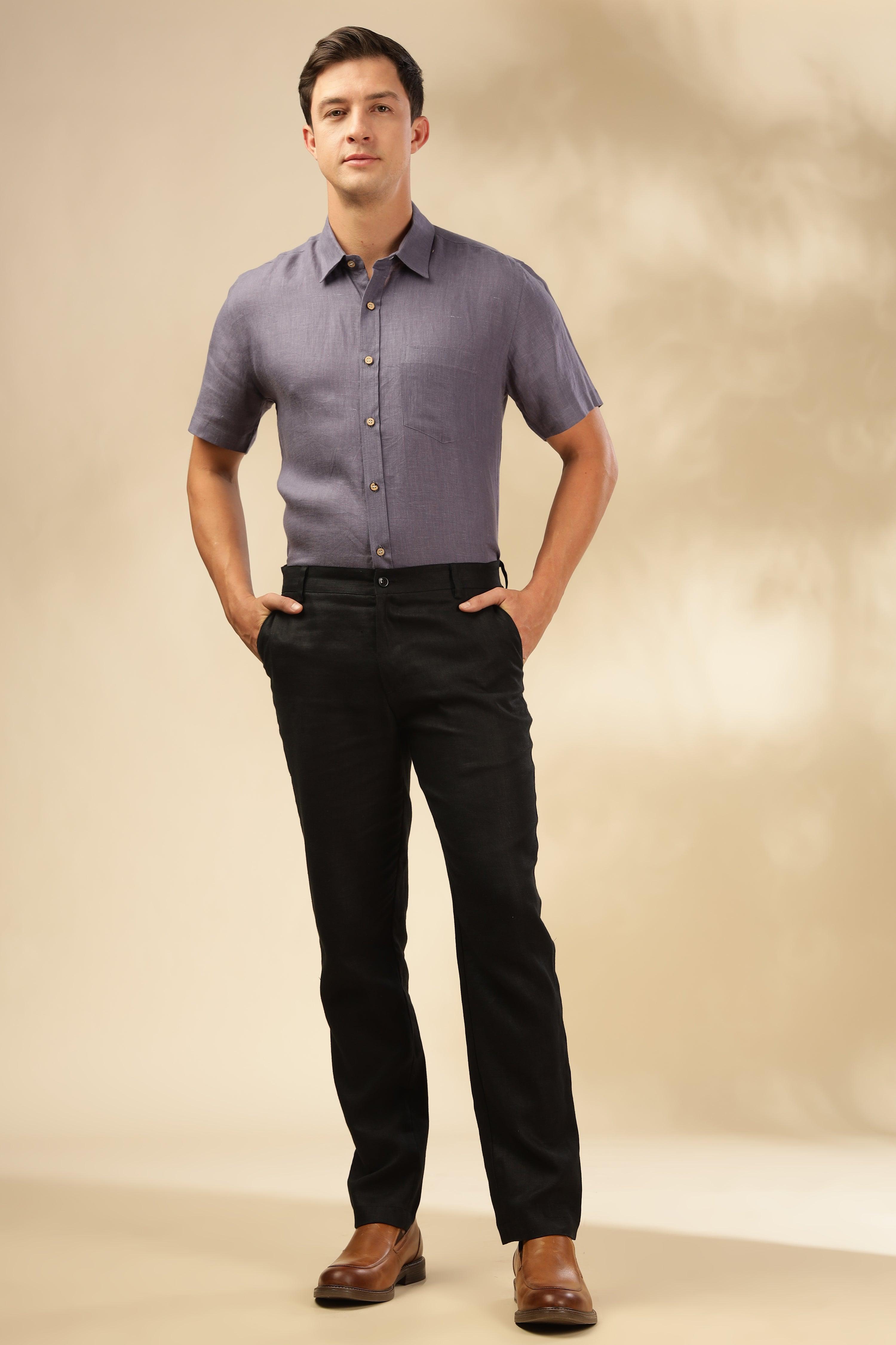 MARK Short Sleeves- 100% Pure Linen Regular Collar Pitch Blue Shirt