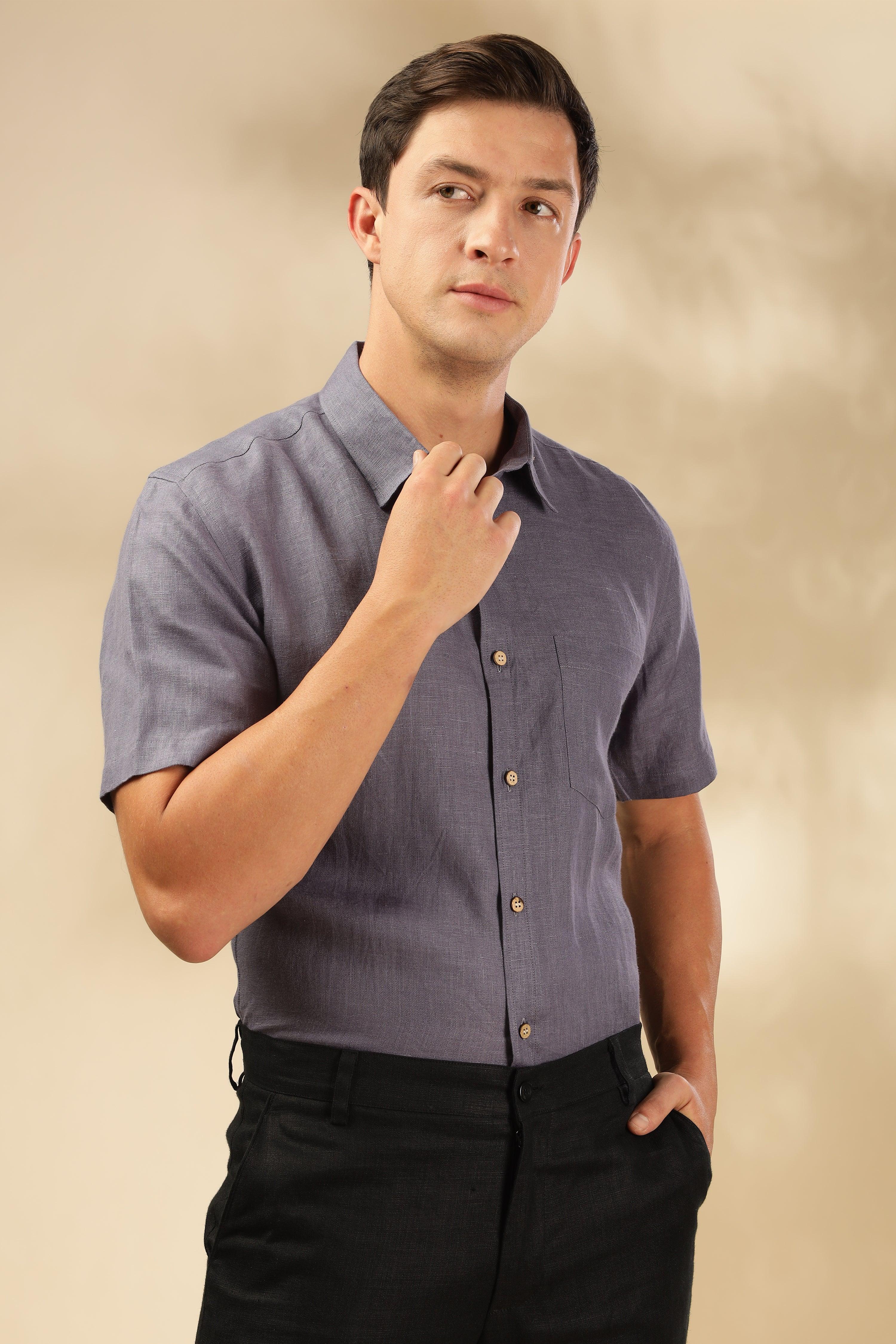 MARK Short Sleeves- 100% Pure Linen Regular Collar Pitch Blue Shirt