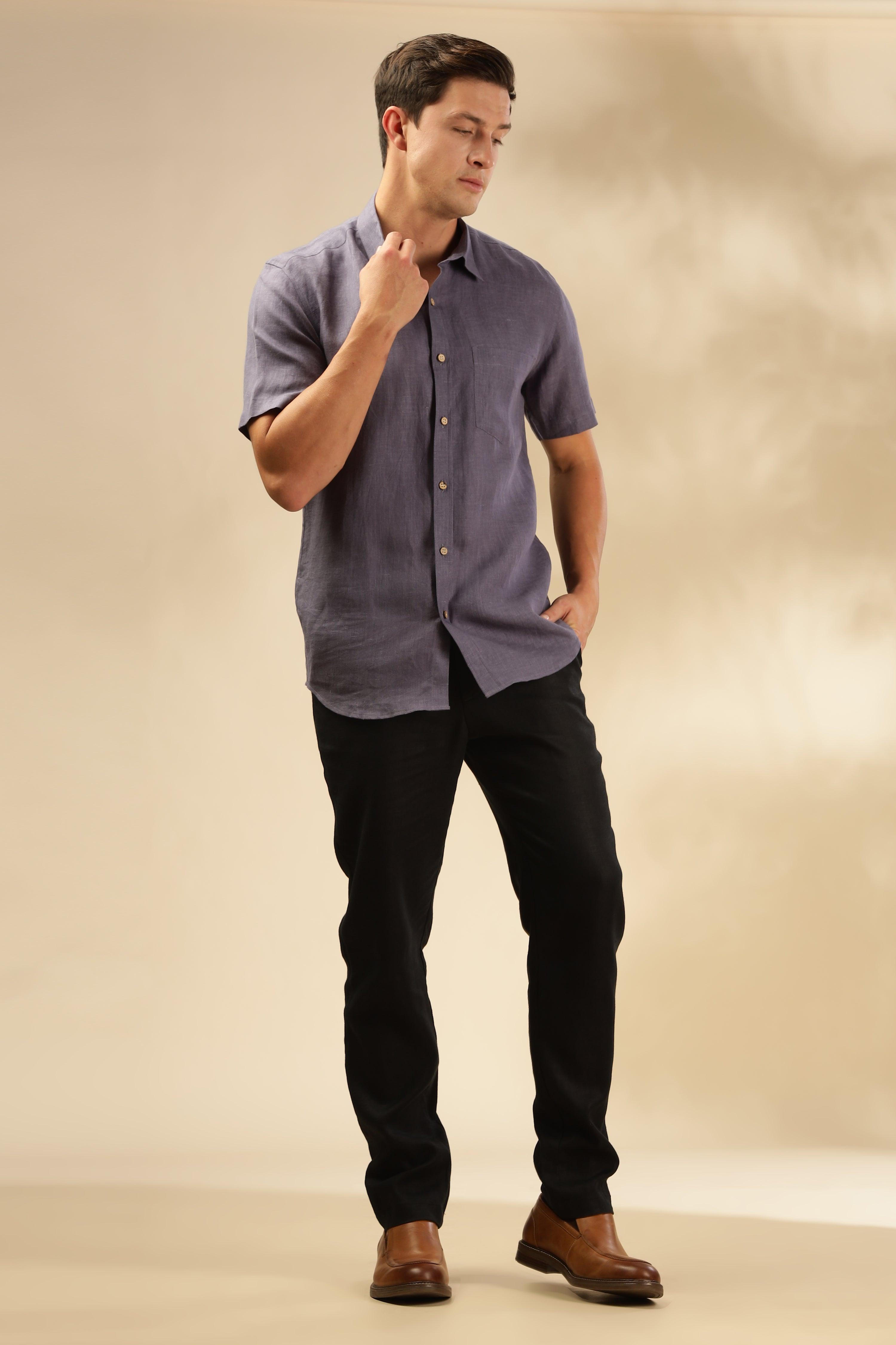 MARK Short Sleeves- 100% Pure Linen Regular Collar Pitch Blue Shirt