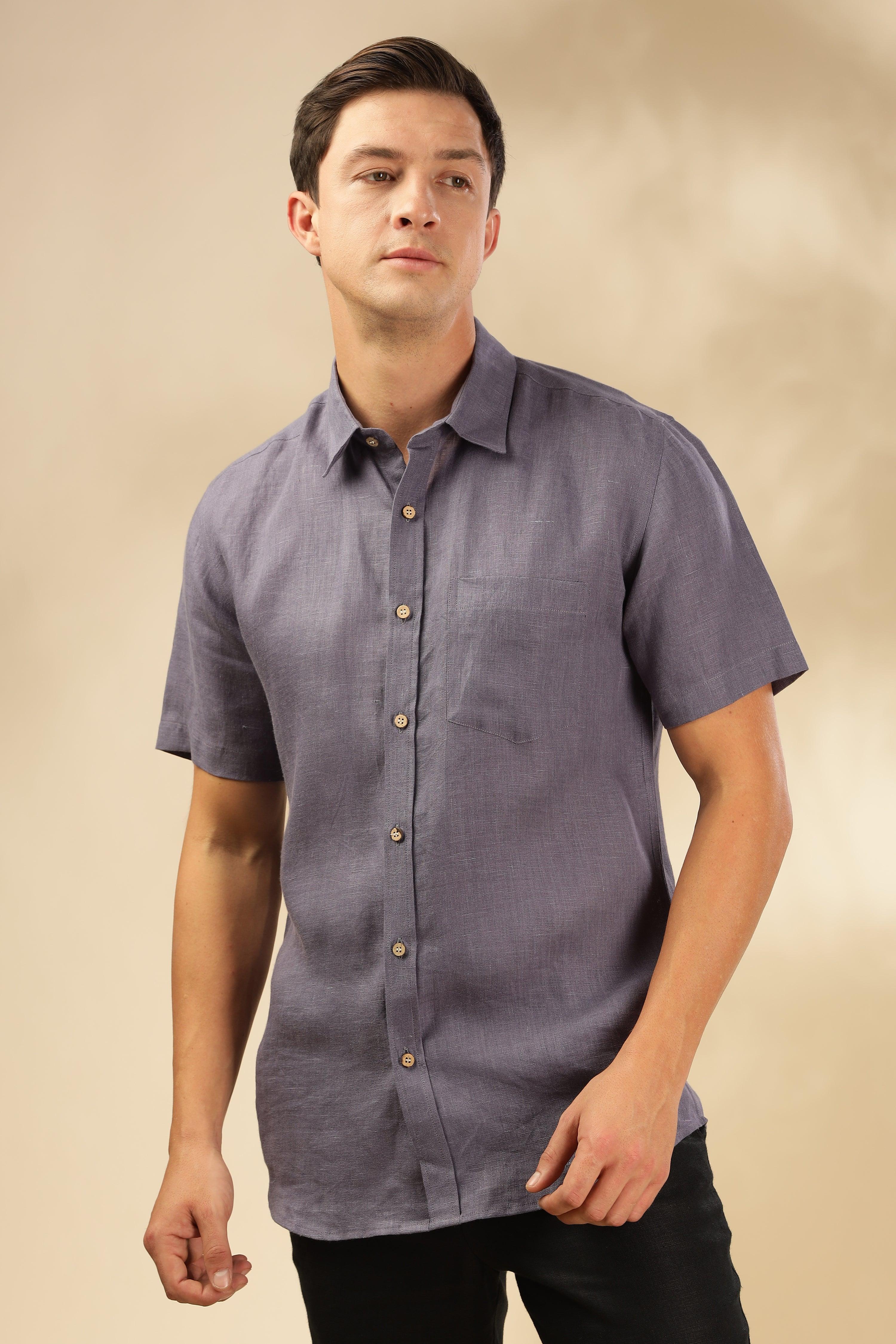 MARK Short Sleeves- 100% Pure Linen Regular Collar Pitch Blue Shirt