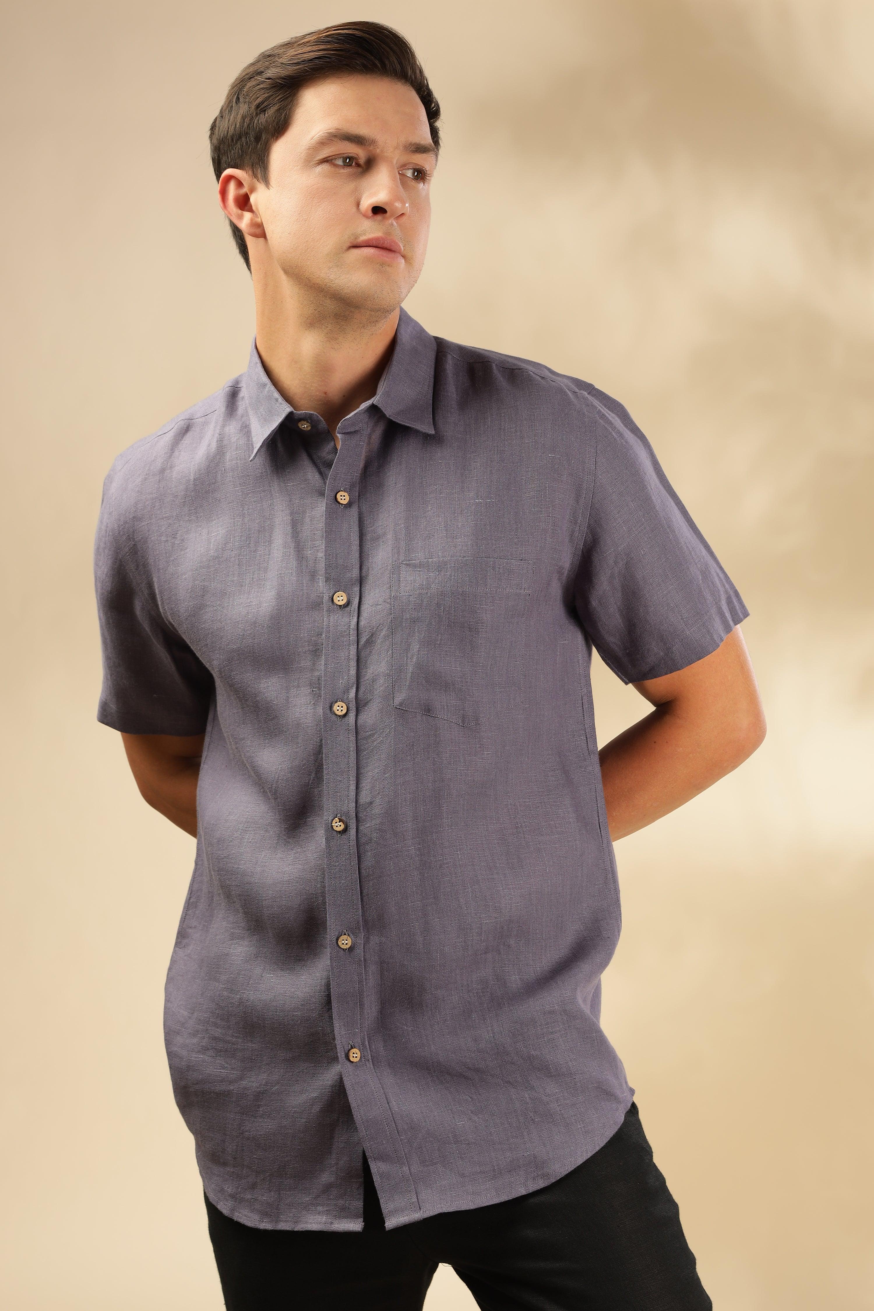 MARK Short Sleeves- 100% Pure Linen Regular Collar Pitch Blue Shirt