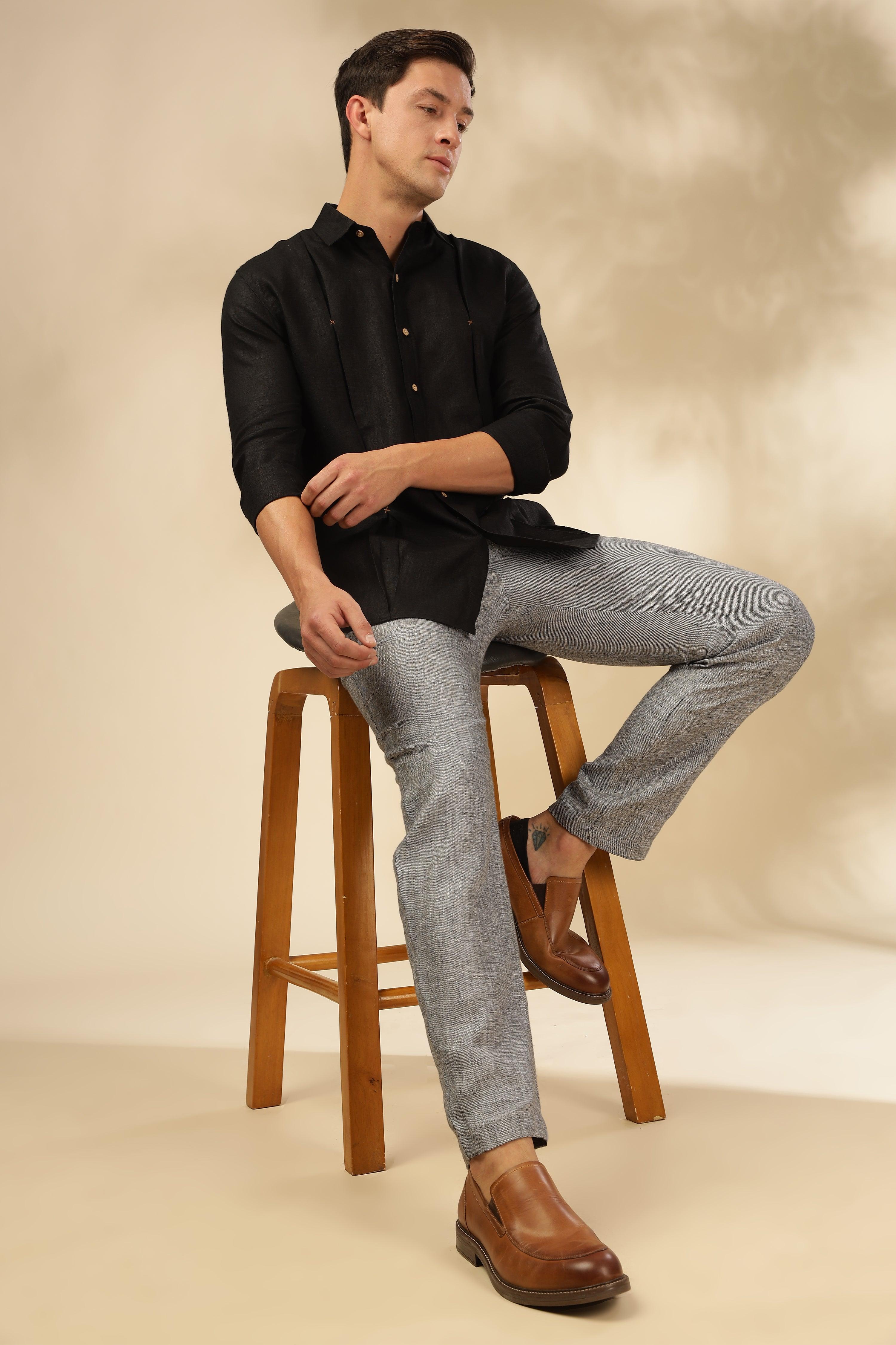 FELIPE - Timeless Elegance in Pure Linen Black Shirts