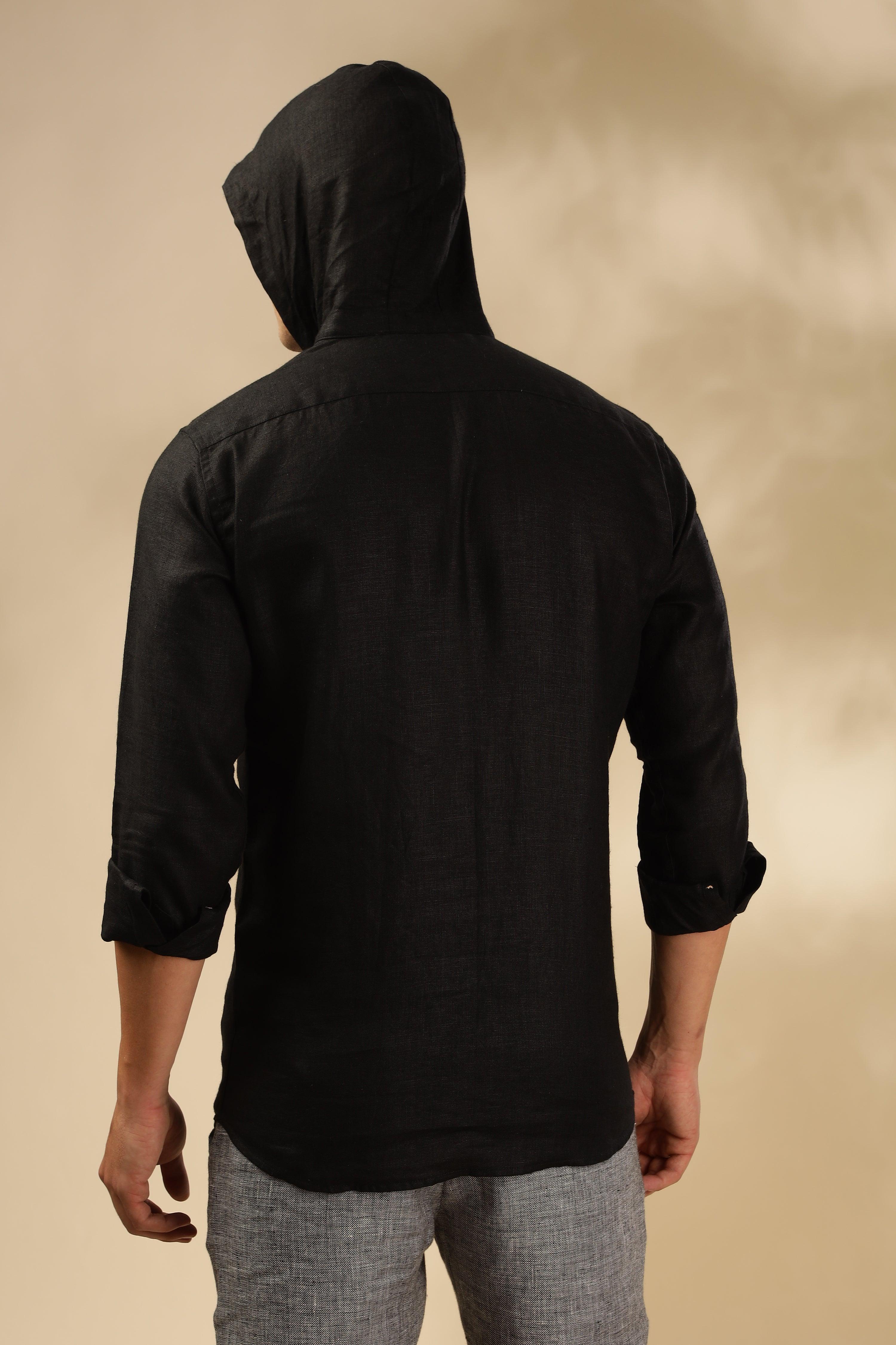 Tom - The Pure Linen Hooded Shirt Black