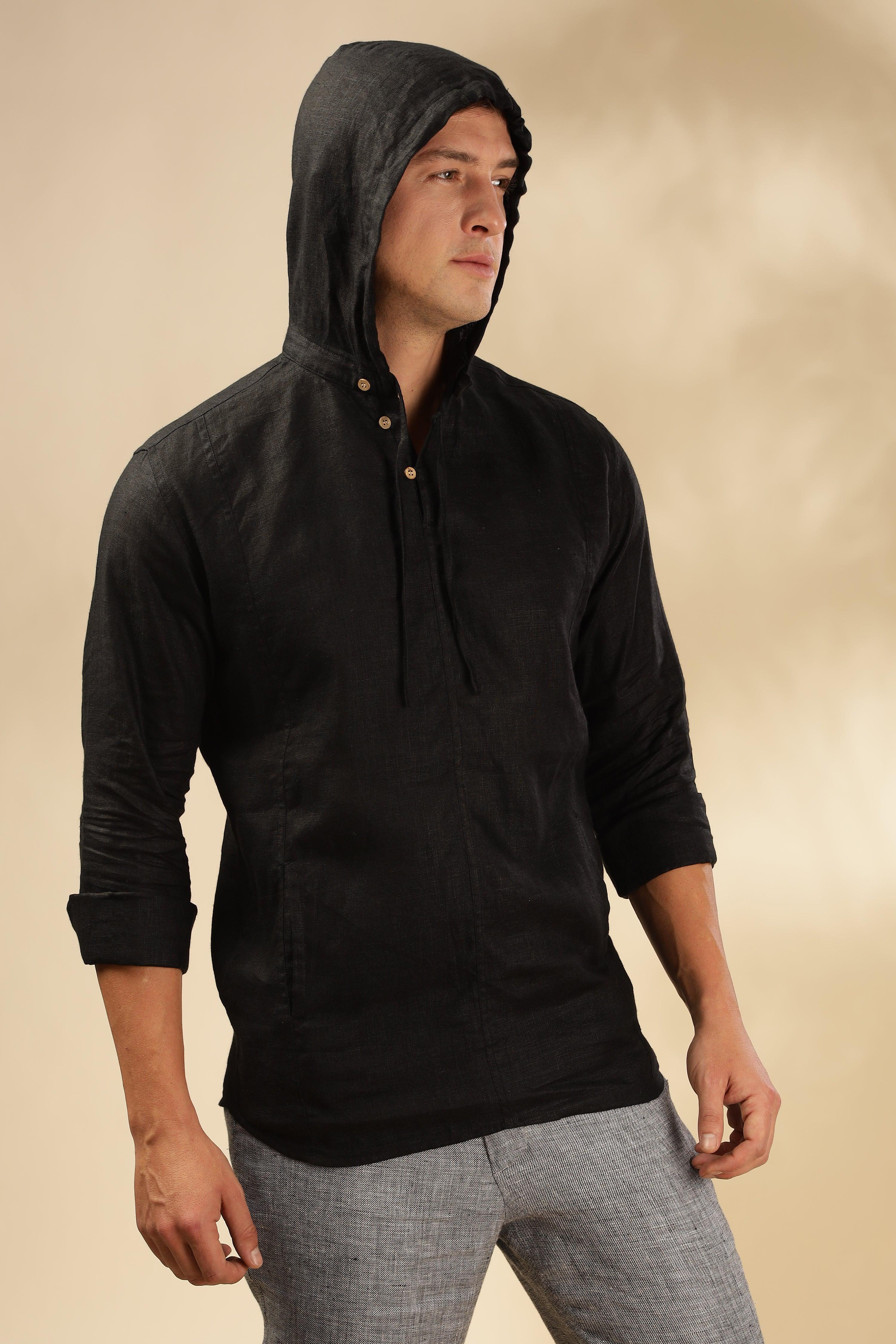 Tom - The Pure Linen Hooded Shirt Black