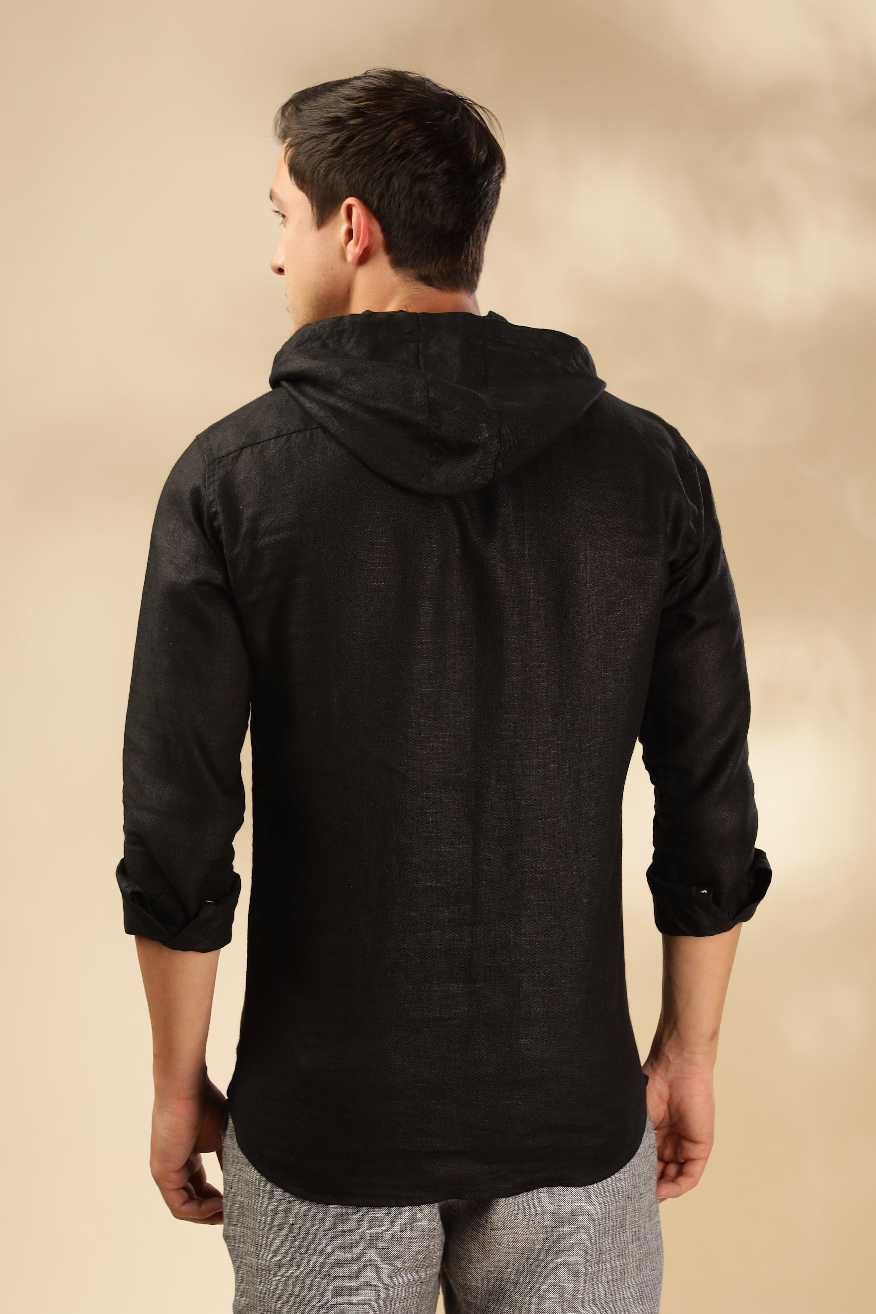 Tom - The Pure Linen Hooded Shirt Black