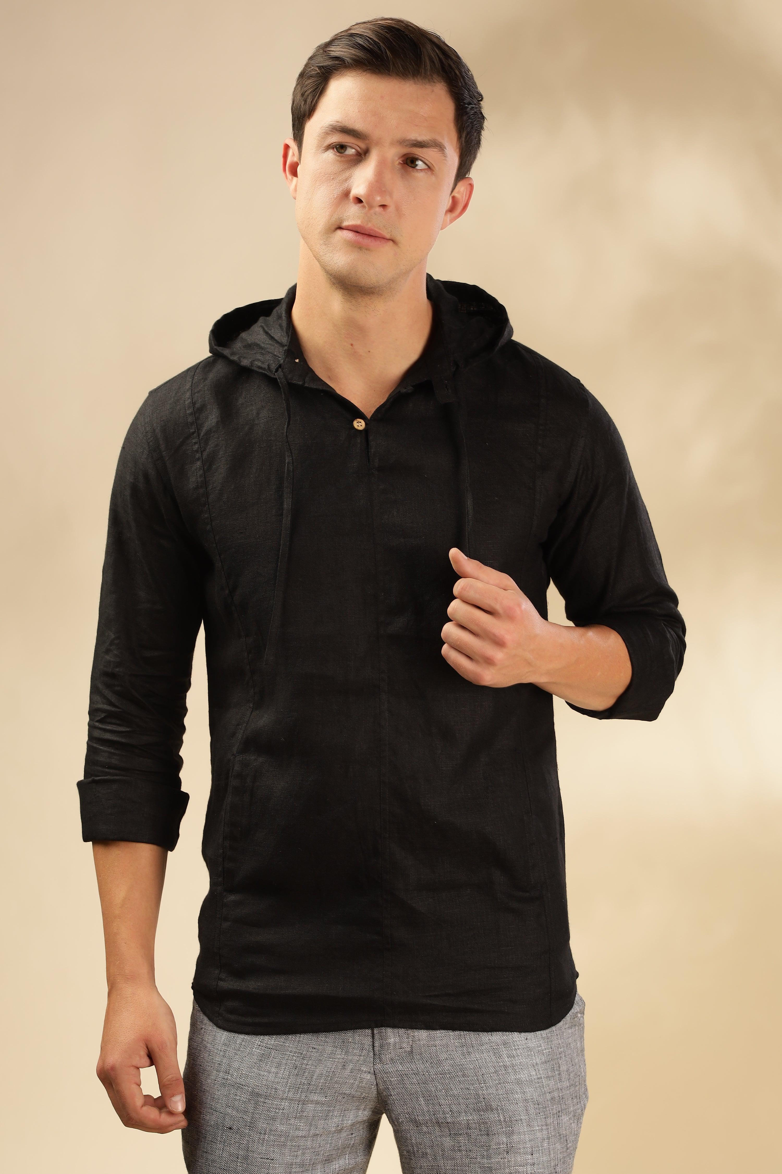 Tom - The Pure Linen Hooded Shirt Black