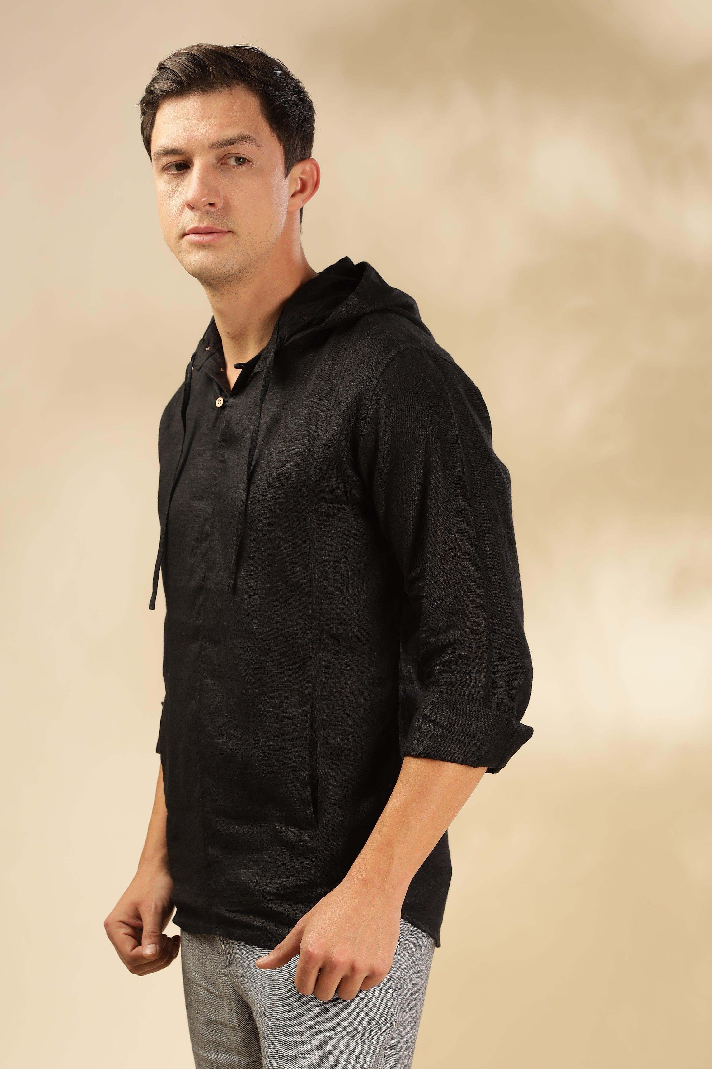 Tom - The Pure Linen Hooded Shirt Black
