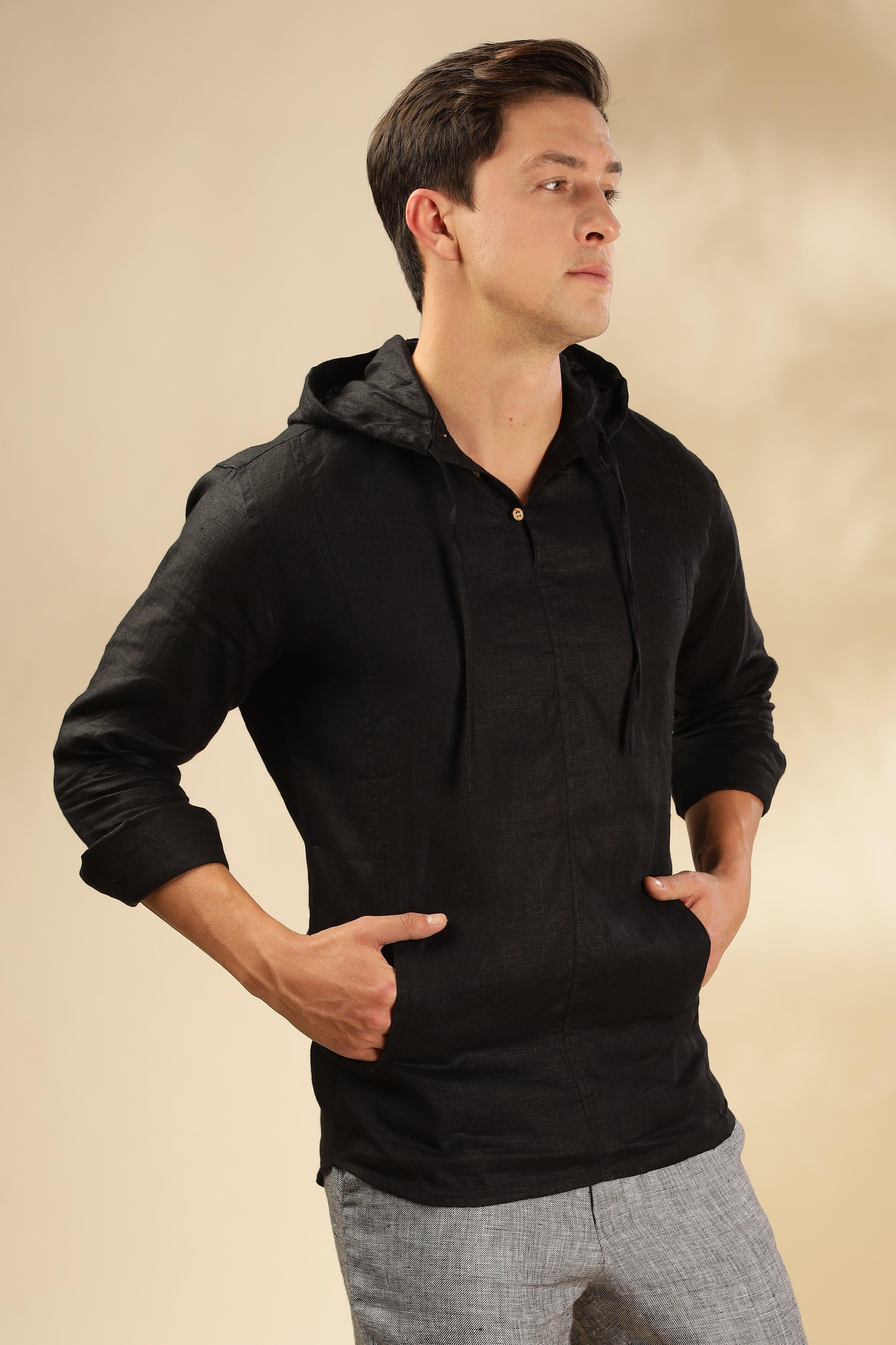 Tom - The Pure Linen Hooded Shirt Black