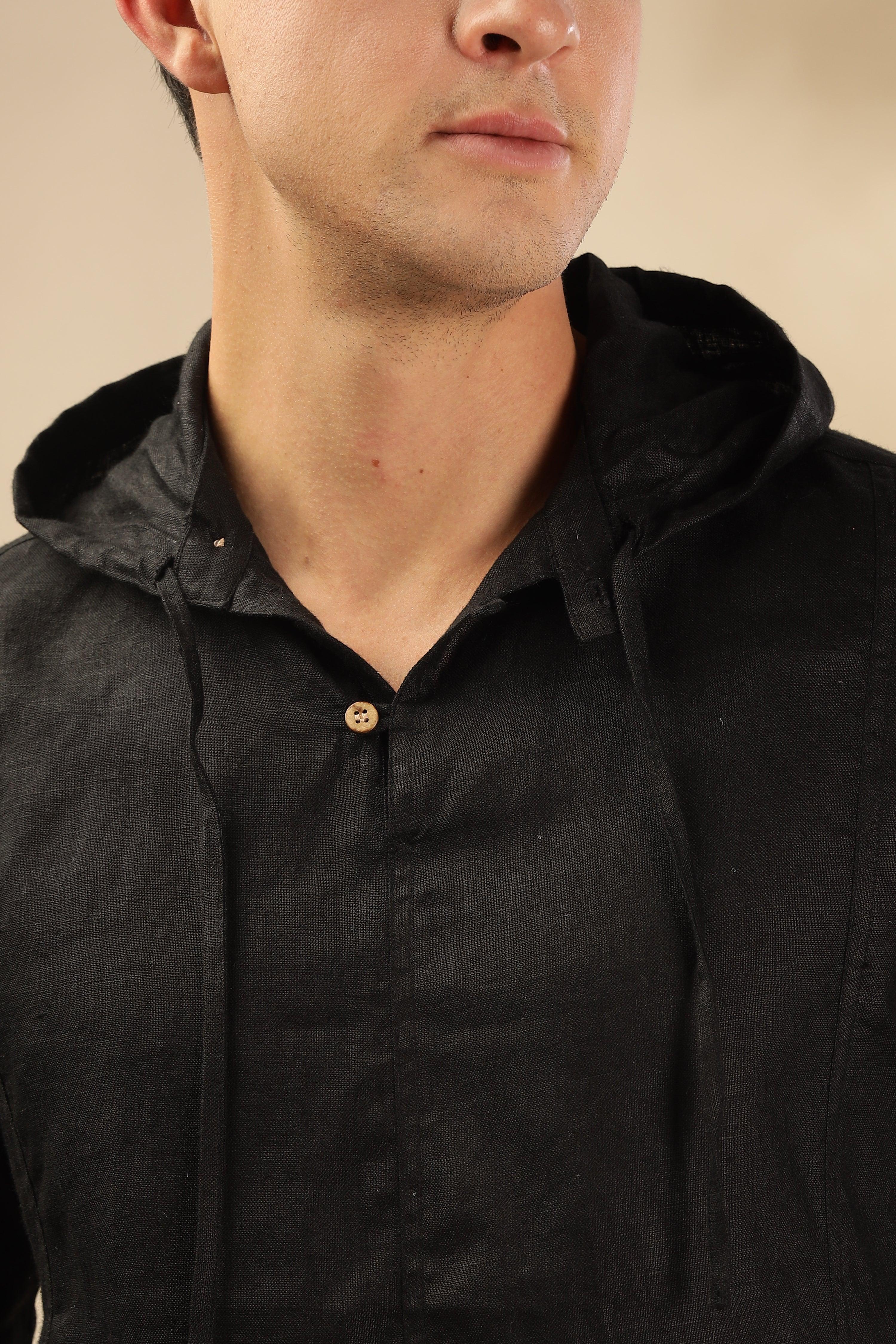 Tom - The Pure Linen Hooded Shirt Black