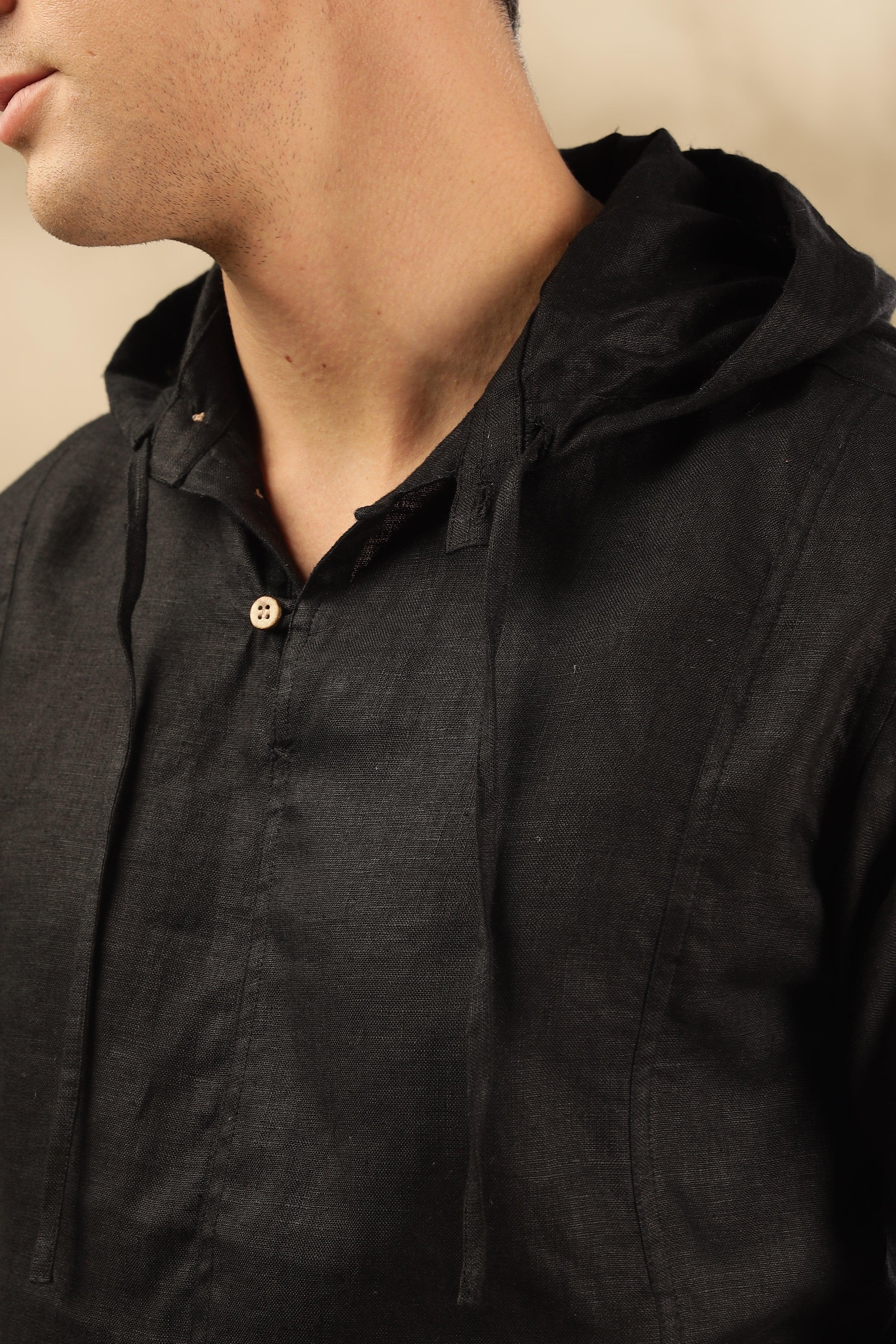 Tom - The Pure Linen Hooded Shirt Black