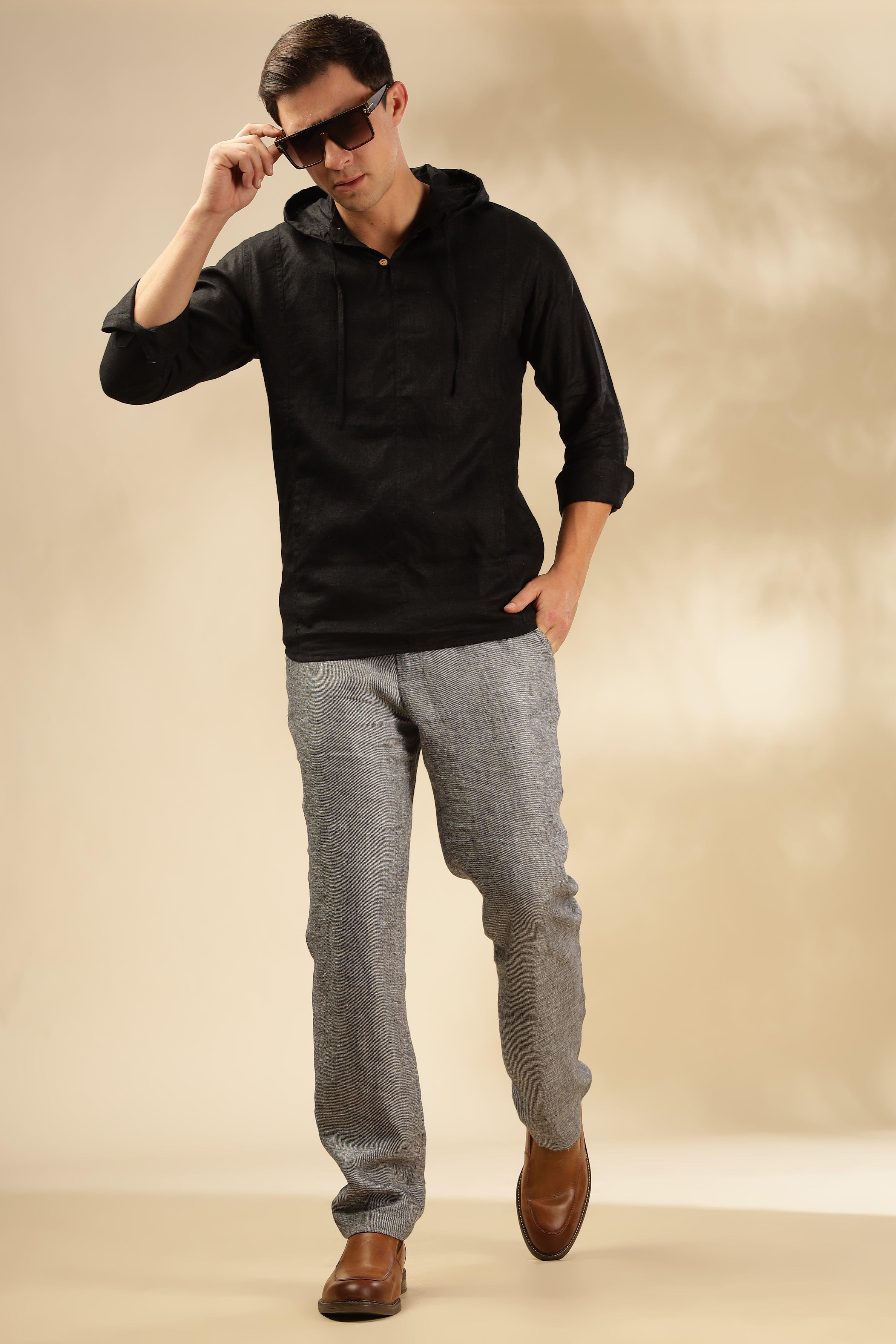 Tom - The Pure Linen Hooded Shirt Black