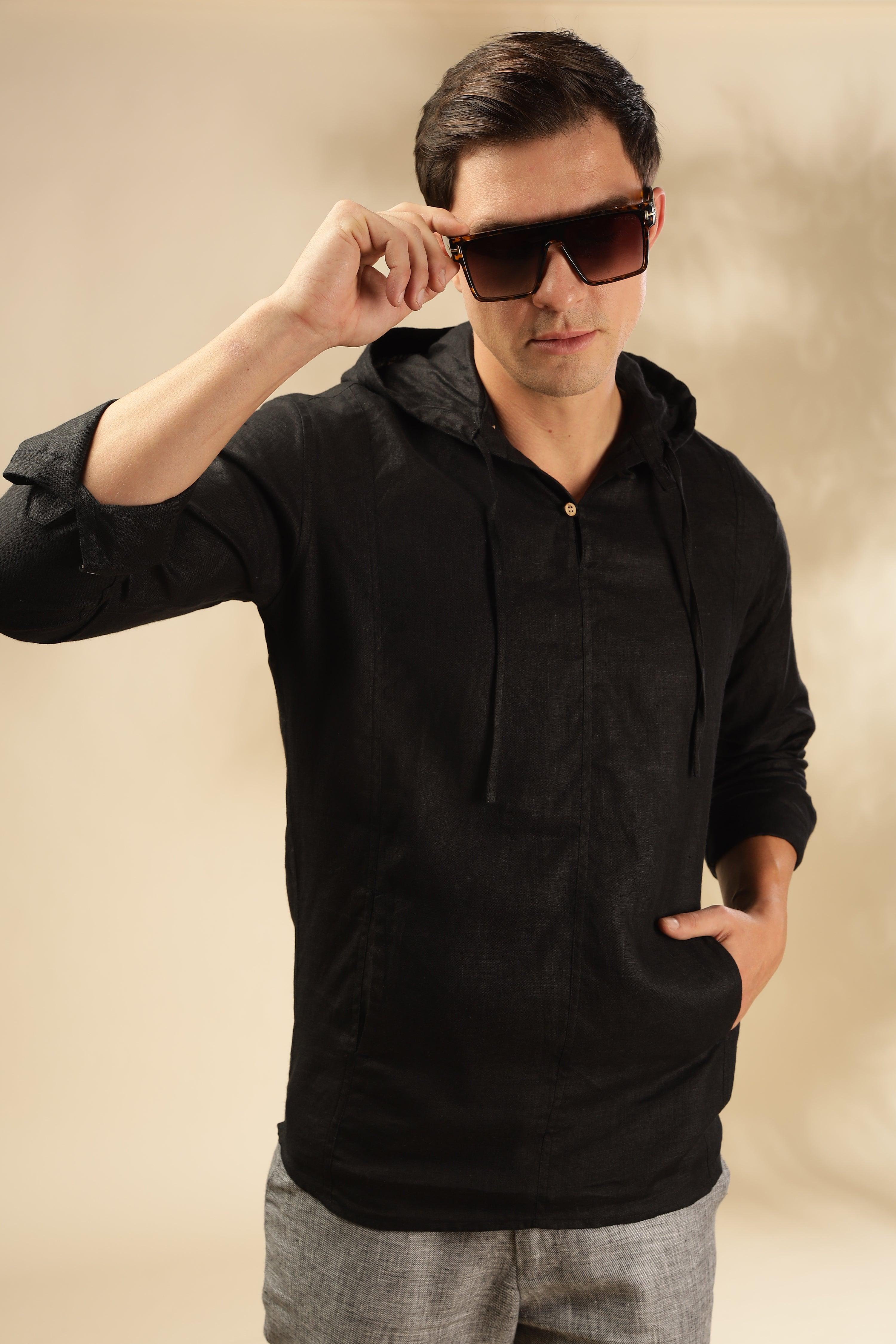 Tom - The Pure Linen Hooded Shirt Black